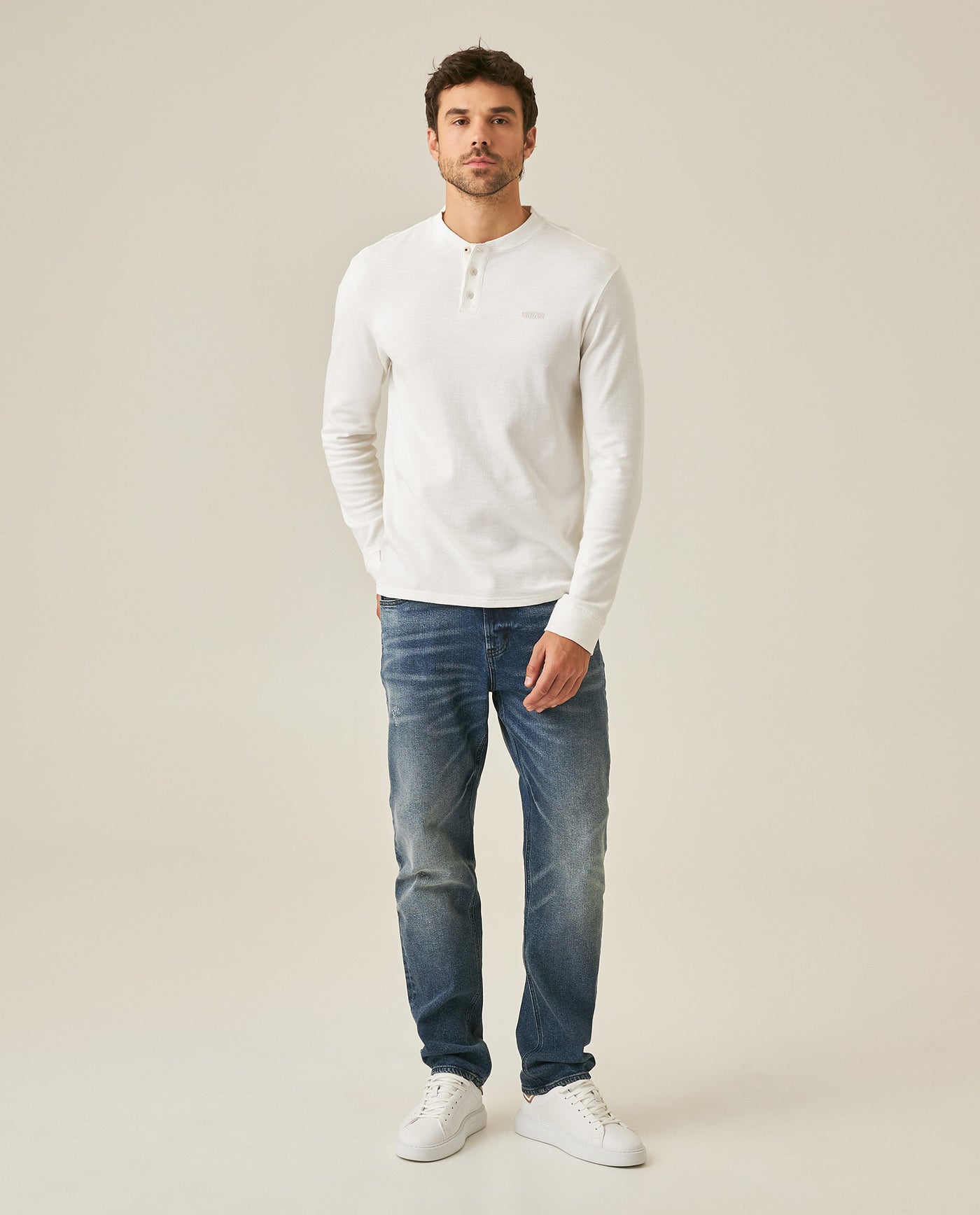 Mens T-Shirt Slim Fit Long Sleeve Henley Collar Cotton Elastane Knitwear Simulation Tone on Tone Buttons - Raw 63_641H019_CRU110606_4