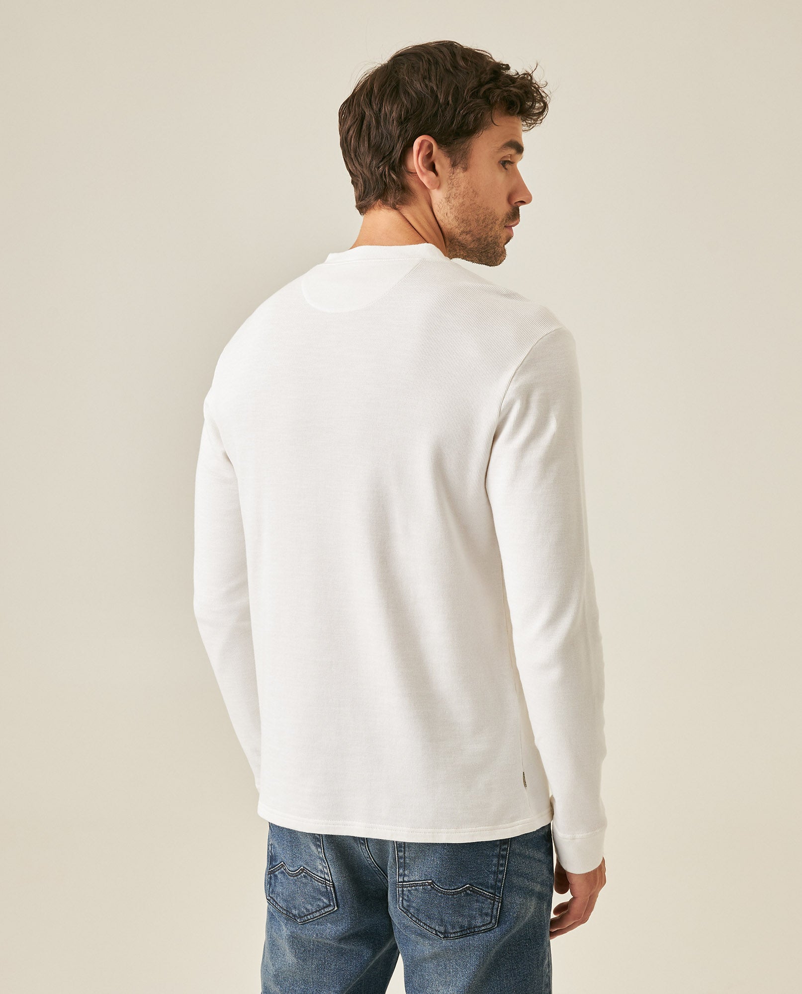 Mens T-Shirt Slim Fit Long Sleeve Henley Collar Cotton Elastane Knitwear Simulation Tone on Tone Buttons - Raw 63_641H019_CRU110606_6