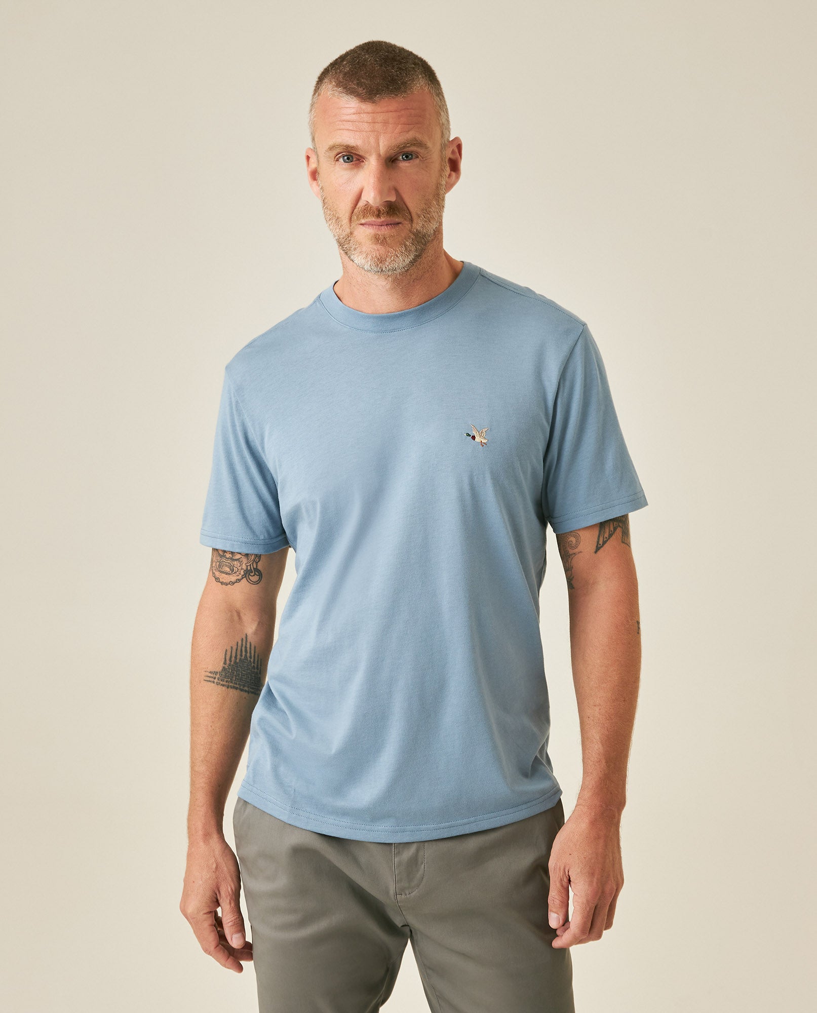 Mens T-Shirt Slim Fit Short Sleeve Crewneck Pima Cotton Vibrant Embroidered Duck Heart Point - Blue 63_641H020_AZU184221_0