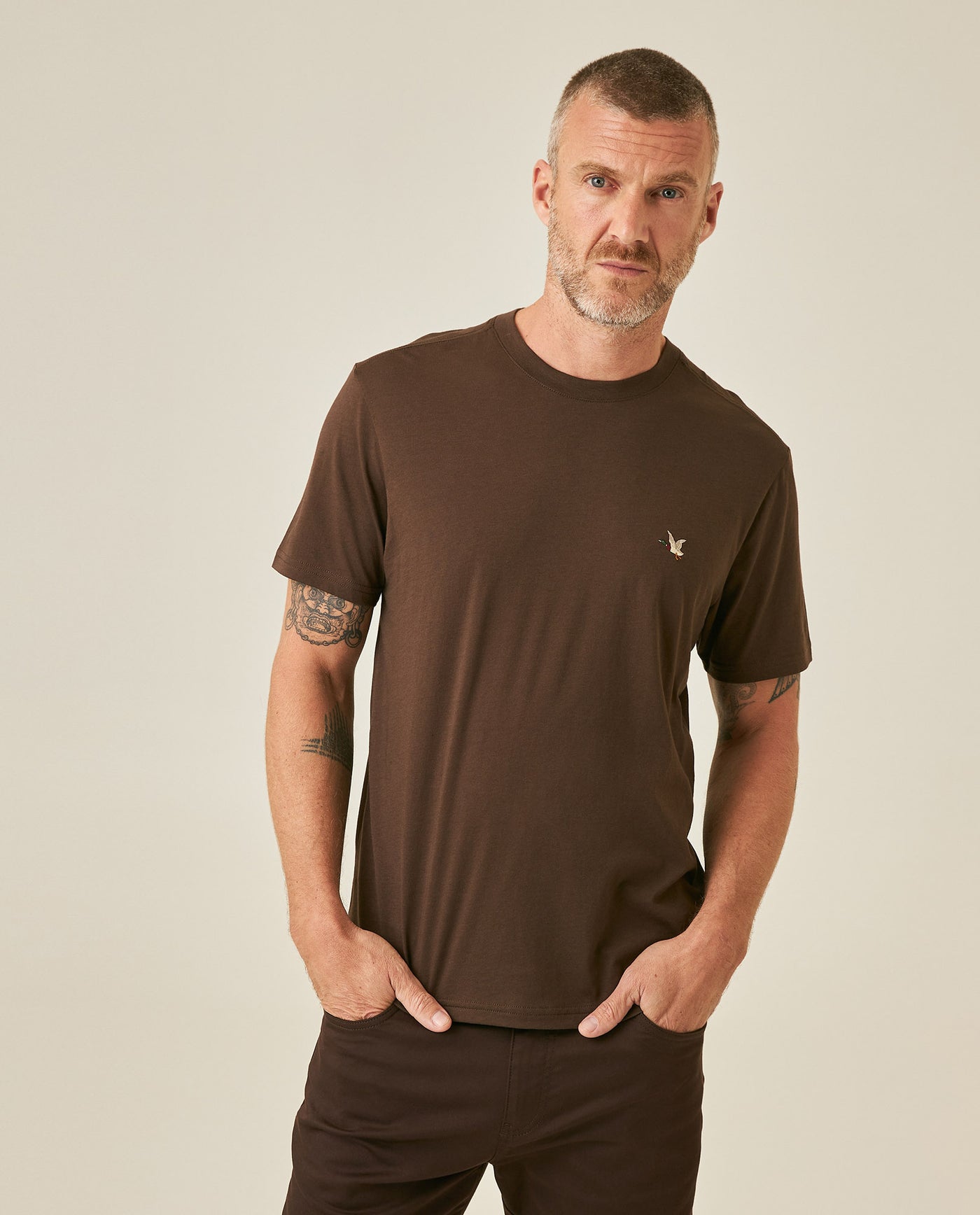 Mens T-Shirt Slim Fit Short Sleeve Crewneck Pima Cotton Vibrant Embroidered Duck Heart Point - Brown 63_641H020_CAF190712_0