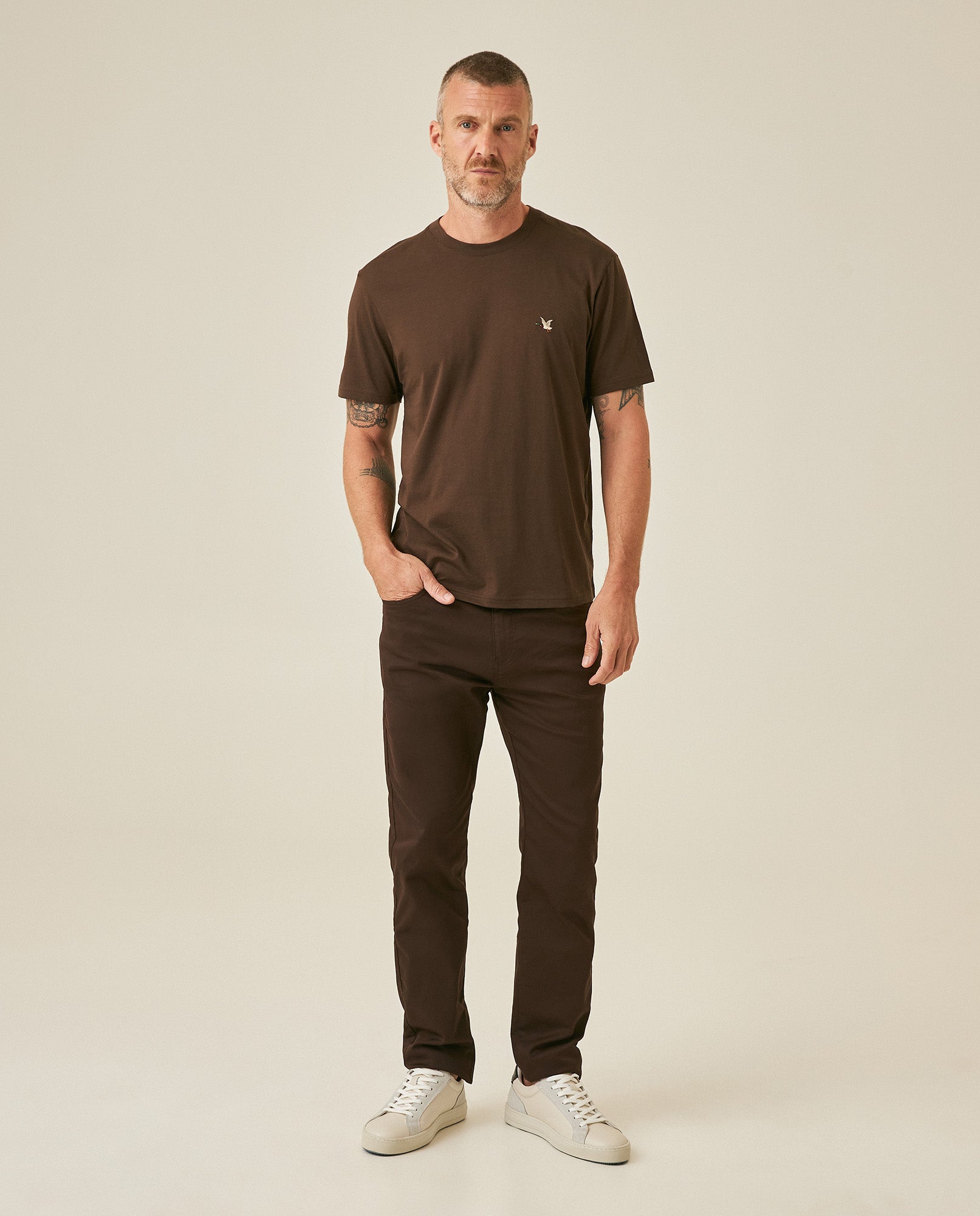 Mens T-Shirt Slim Fit Short Sleeve Crewneck Pima Cotton Vibrant Embroidered Duck Heart Point - Brown 63_641H020_CAF190712_4