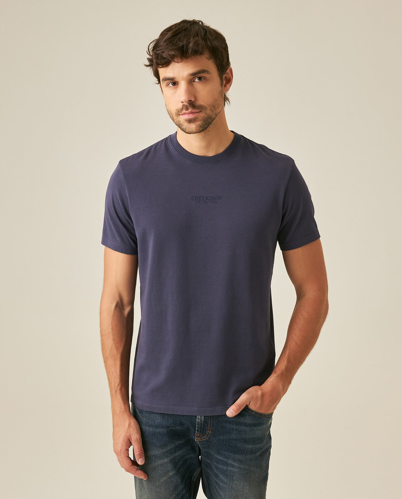 Mens T-Shirt Classic Fit Short Sleeve Cotton Jersey Heavy Washed Front Graphics Back Appliqué - Blue 63_641H021_AZU193924_0