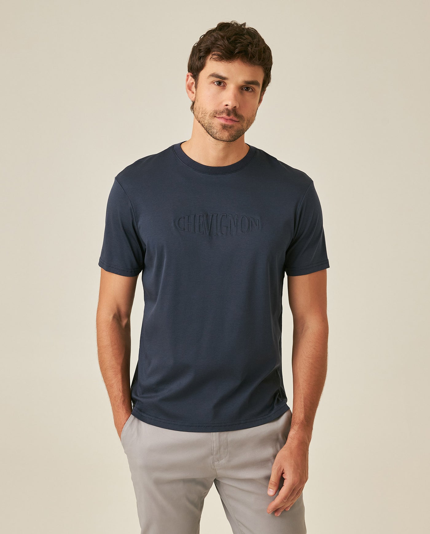 Mens T-Shirt Slim Fit Short Sleeve Modal Cotton Embossed Relief Graphic Touch - Blue 63_641H025_AZU194011_0