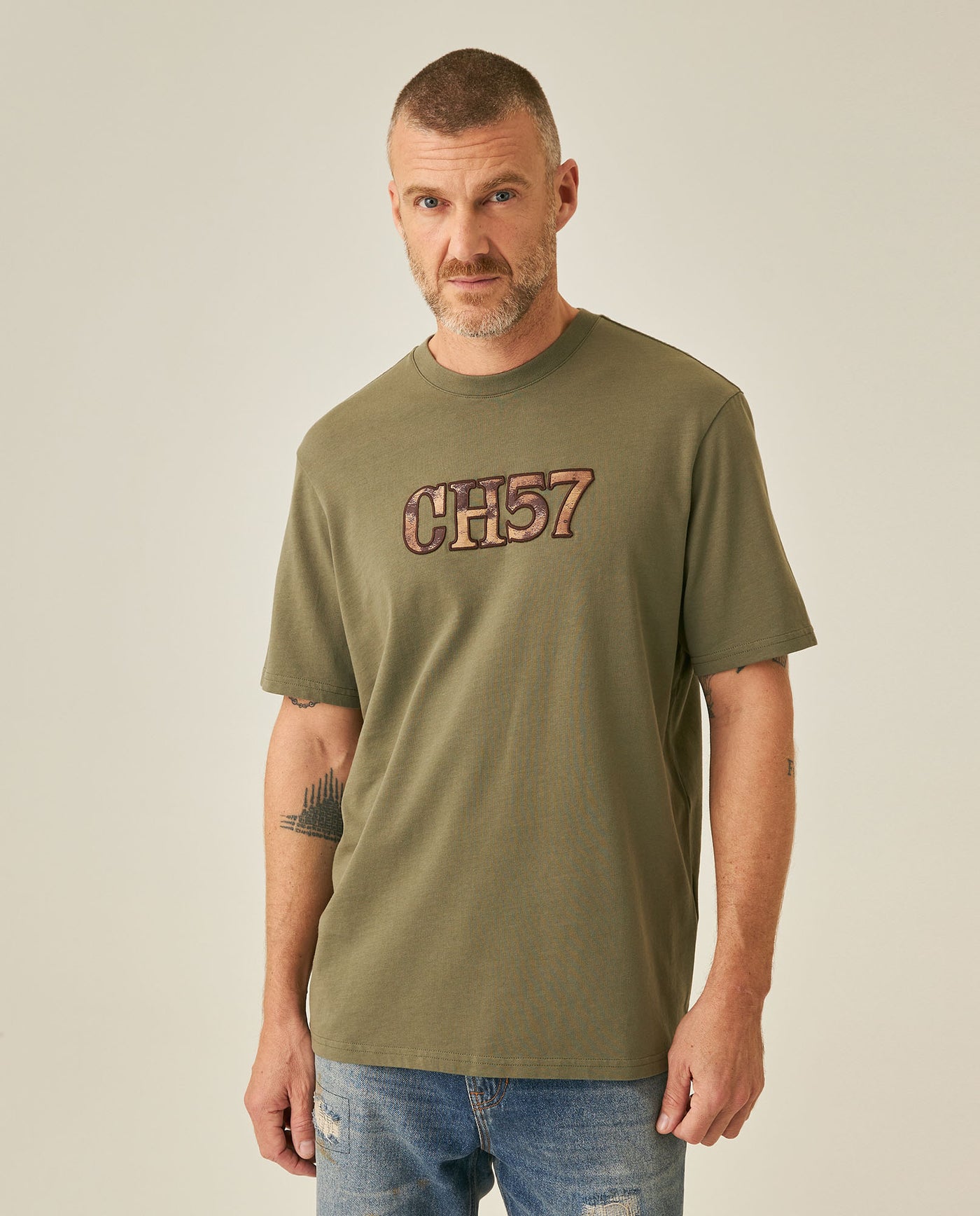 Mens T-Shirt Classic Fit Short Sleeve Crewneck Cotton Jersey Medium Weight Military Camo Aesthetic Chest Graphic - Green 63_641H026_VER180515_0