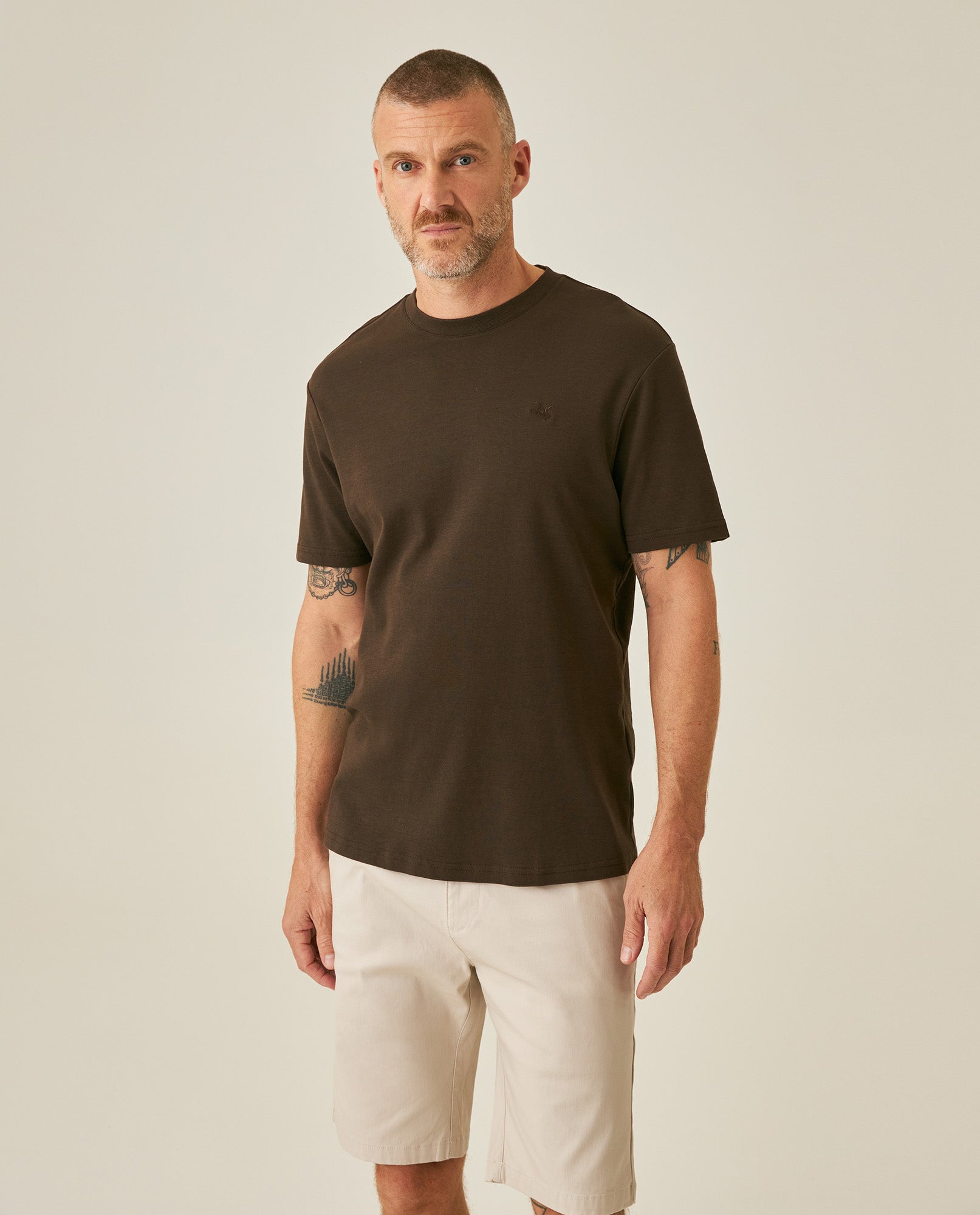 Mens T-Shirt Slim Fit Short Sleeve Cotton Jersey Double Knit Superior Durability Tone on Tone Duck Minimalist - Brown 63_641H040_CAF191016_0