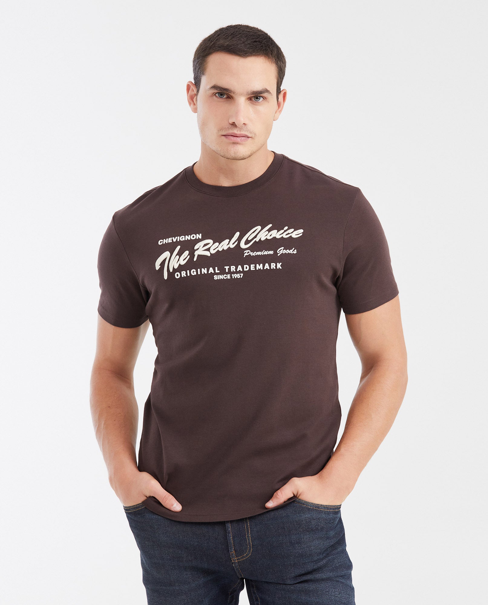 Slim Fit Printed T-Shirt in Medium Weight Cotton for Men - Brown 642G005 - 1
