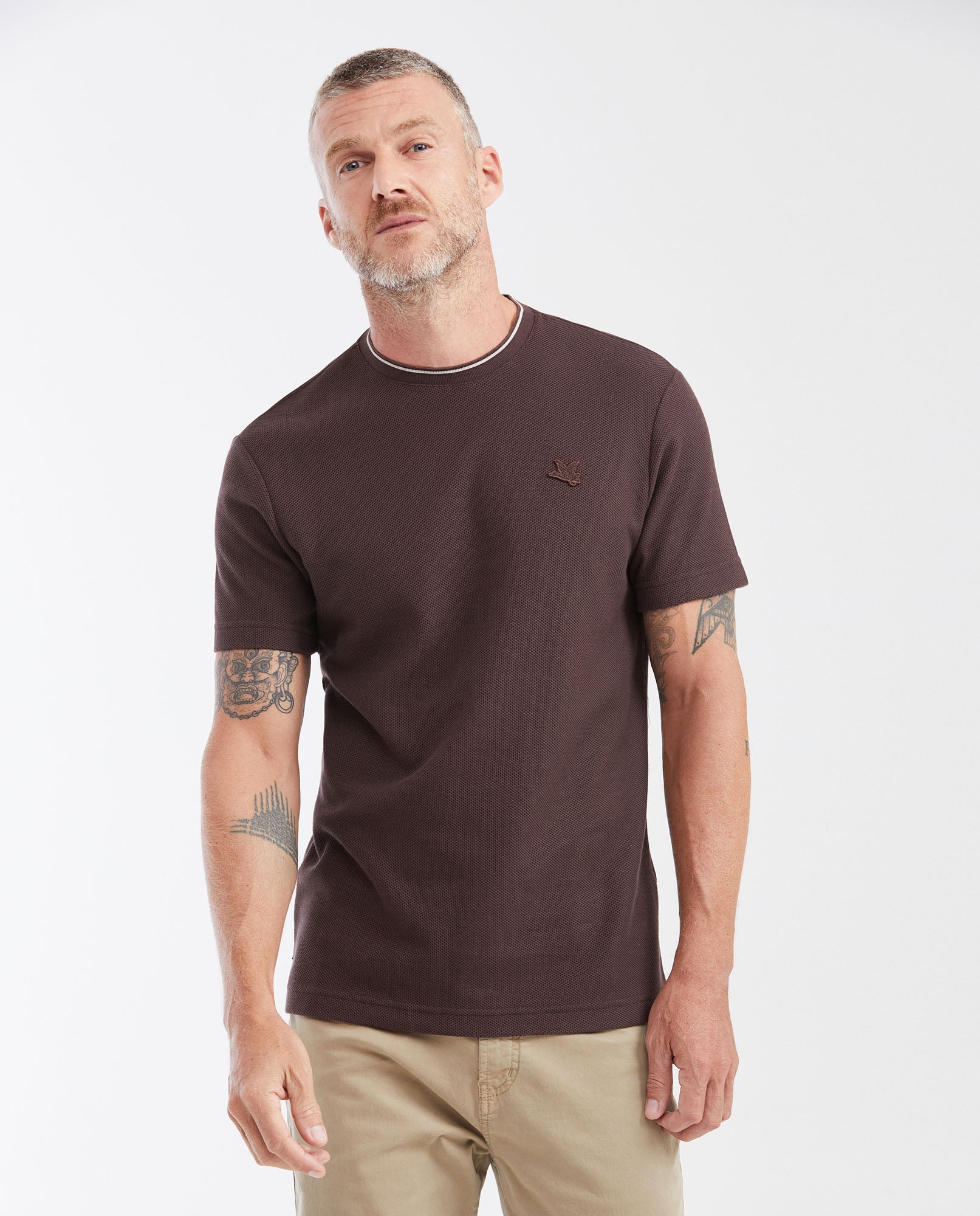 Men's Slim Fit T-shirt with Round Neck in Piqué - Brown - 1