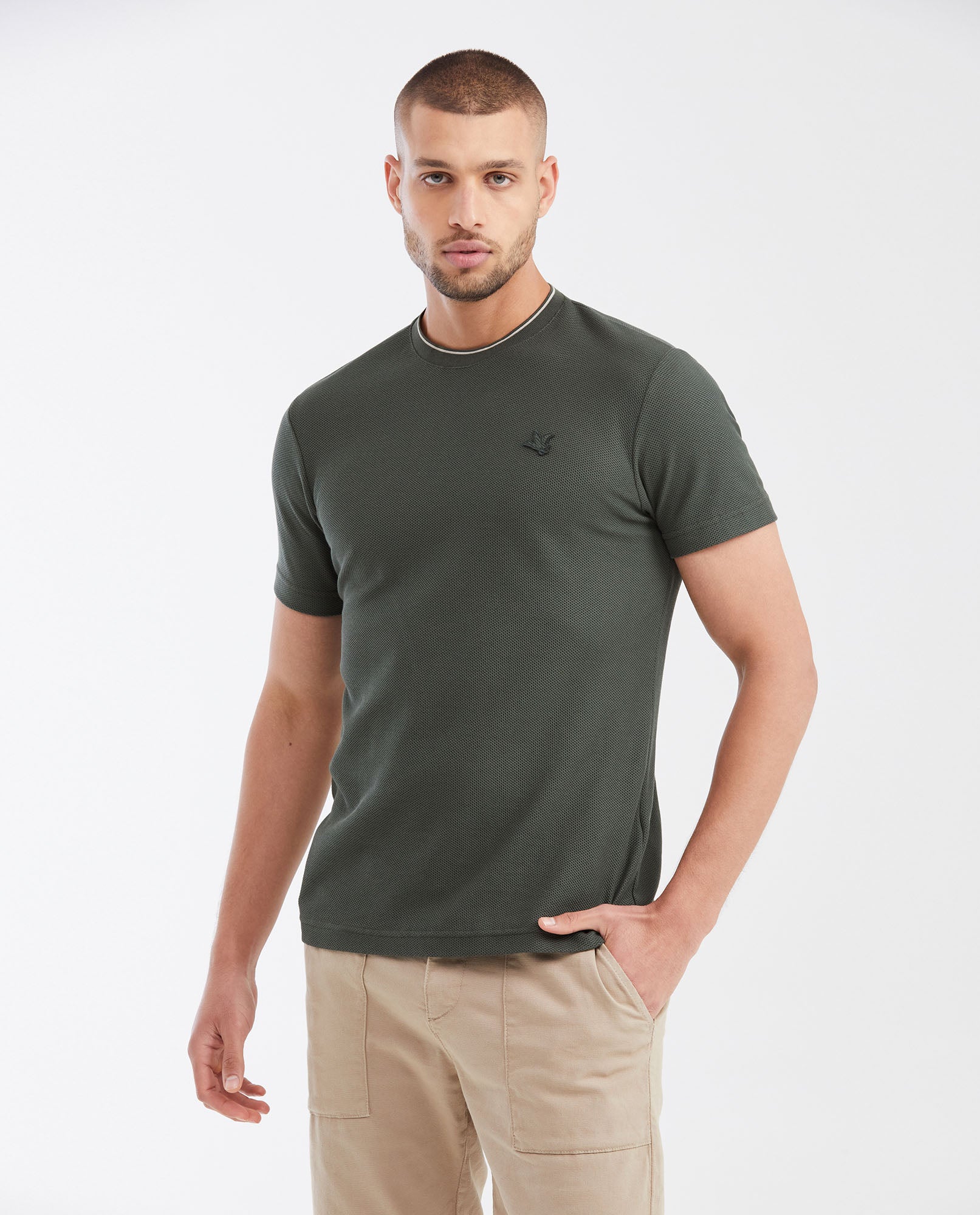 Men's Slim Fit T-shirt with Round Neck in Piqué - Green - 1