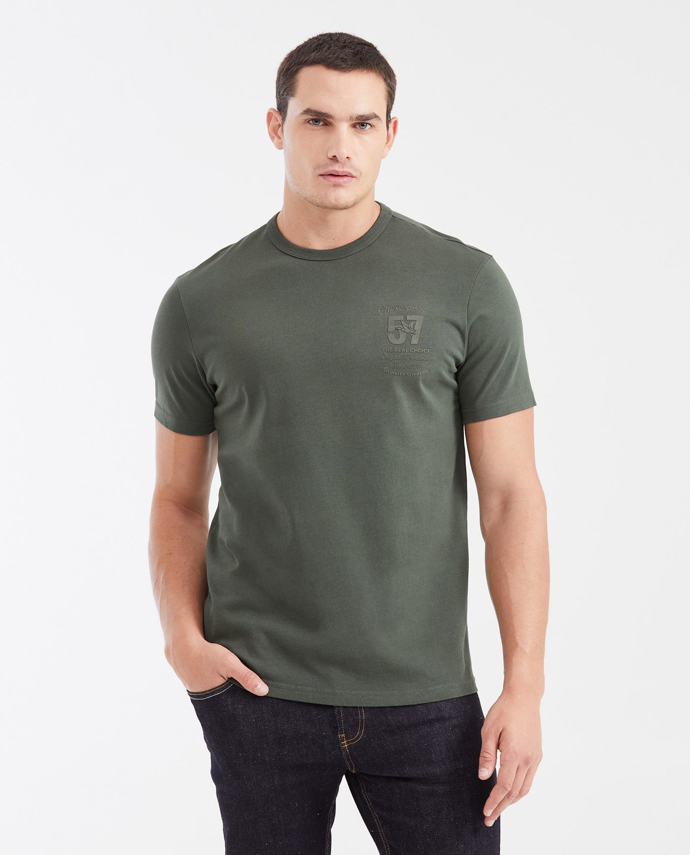 Men's Classic Fit Crew Neck T-Shirt with Small Graphic in Cotton - Green 642G026 - 1