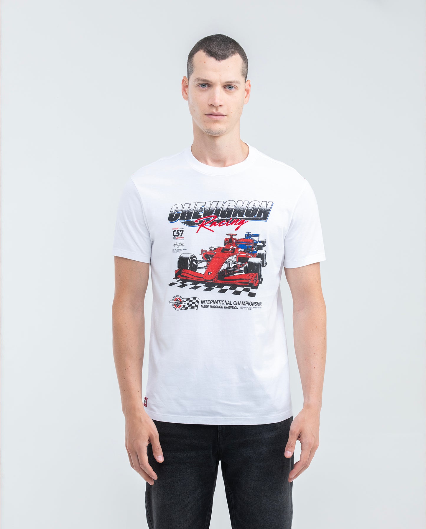 Men's Graphic T-shirt, Slim Fit - Printed with Racing Car and Typography - White - 1