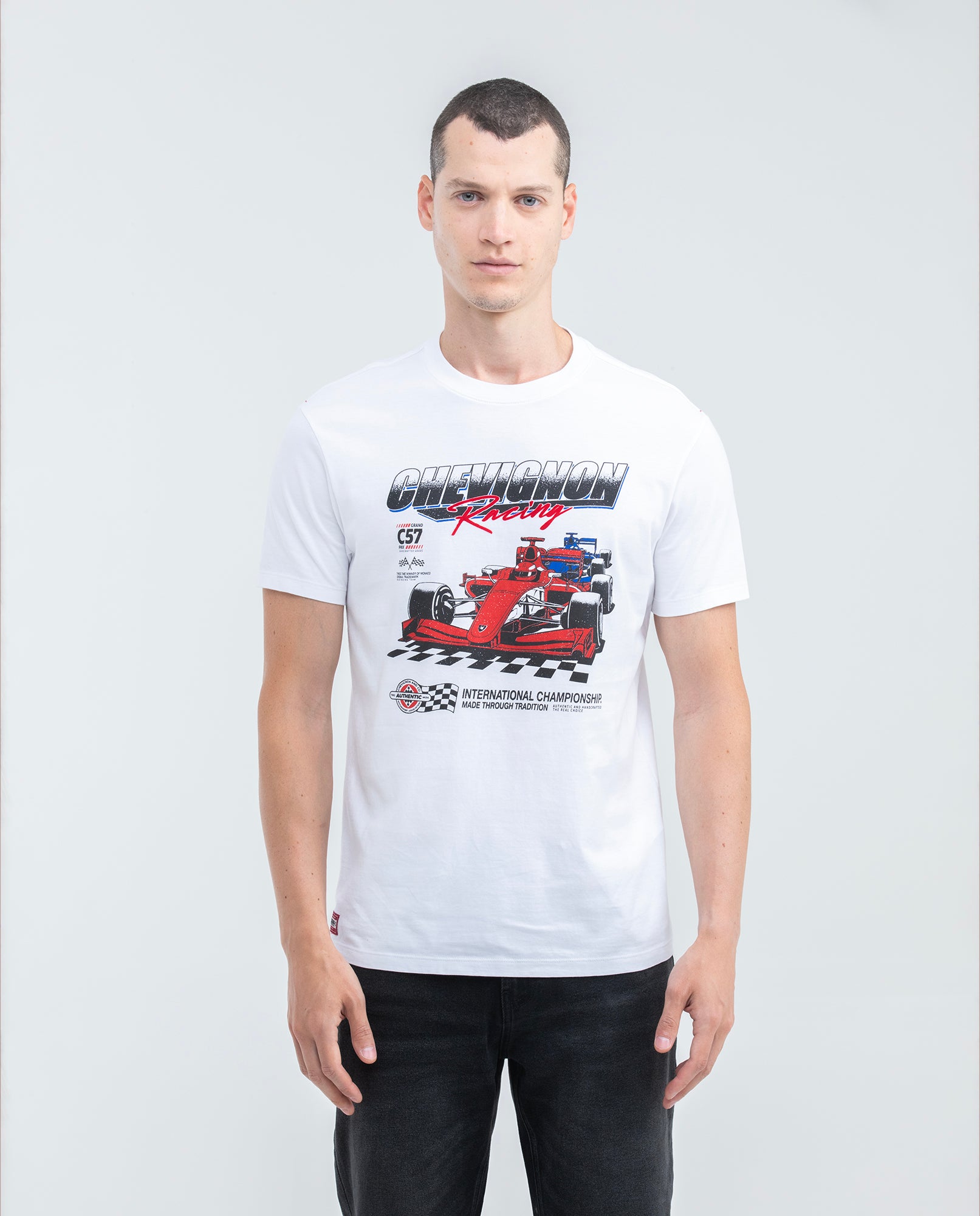 Men's Graphic T-shirt, Slim Fit - Printed with Racing Car and Typography - White - 1