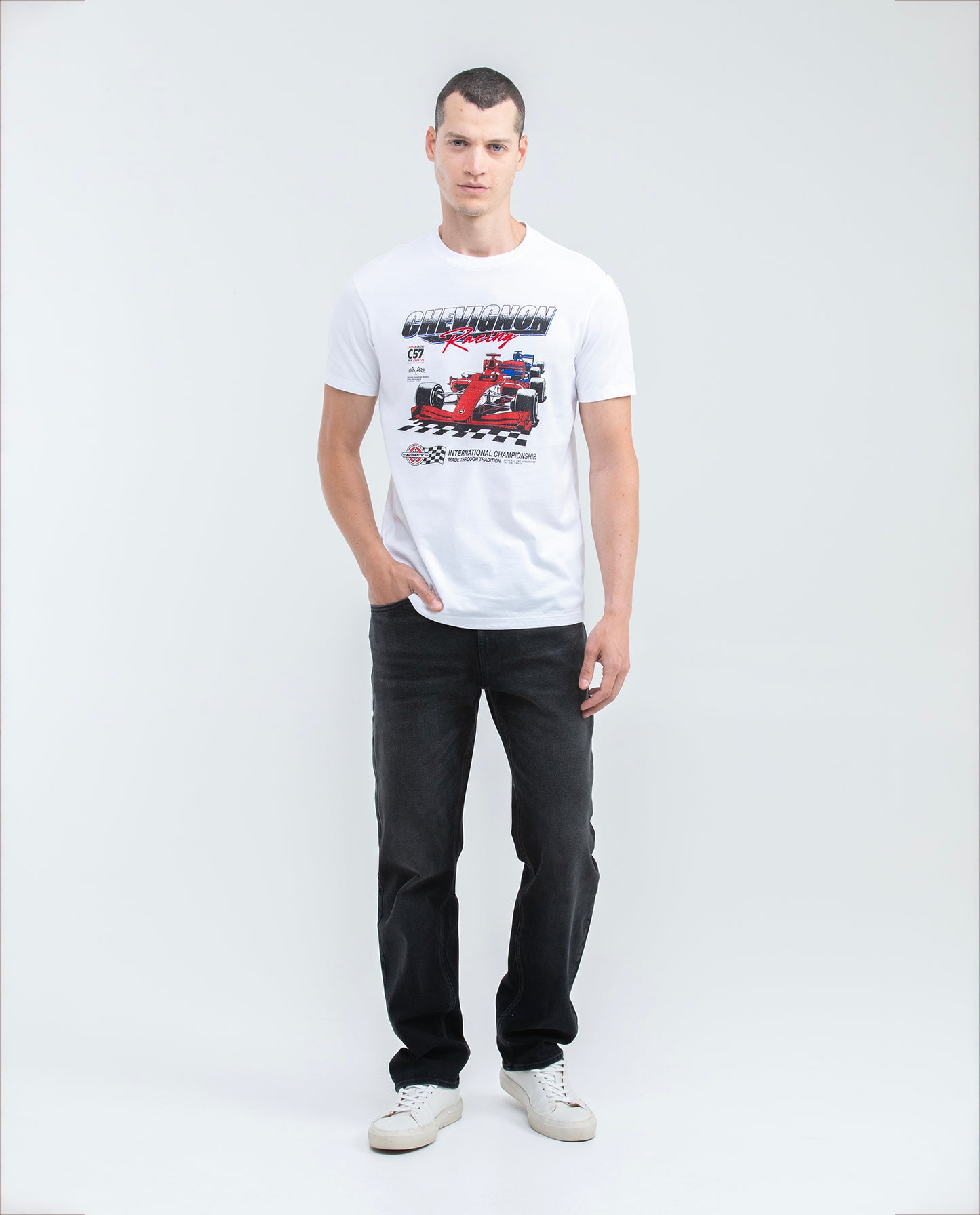 Men's Graphic T-shirt, Slim Fit - Printed with Racing Car and Typography - White - 2