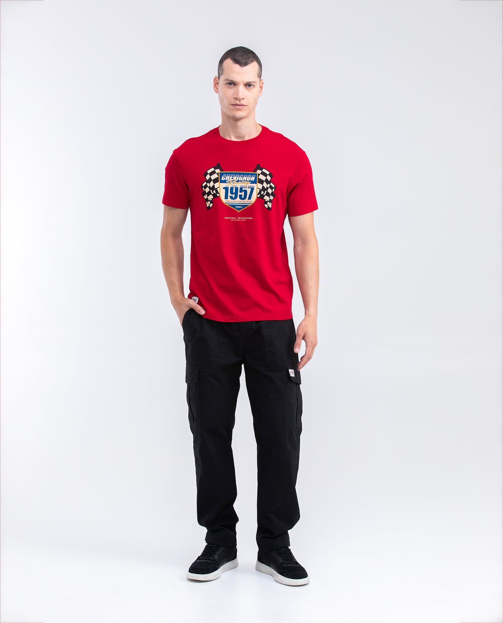 Men's Graphic T-shirt, Slim Fit - Shield and Flags Print - Red - 2