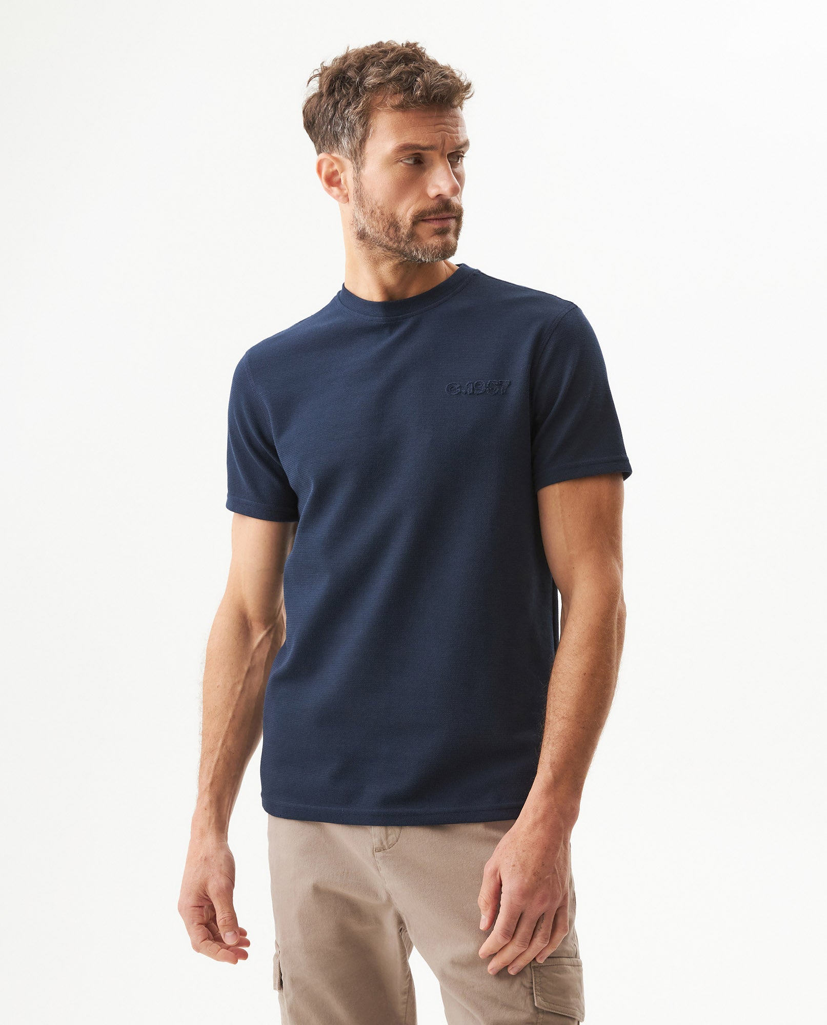 Men's Textured Slim Fit T-shirt in Cotton-Polyester Blend, Dockside - 2