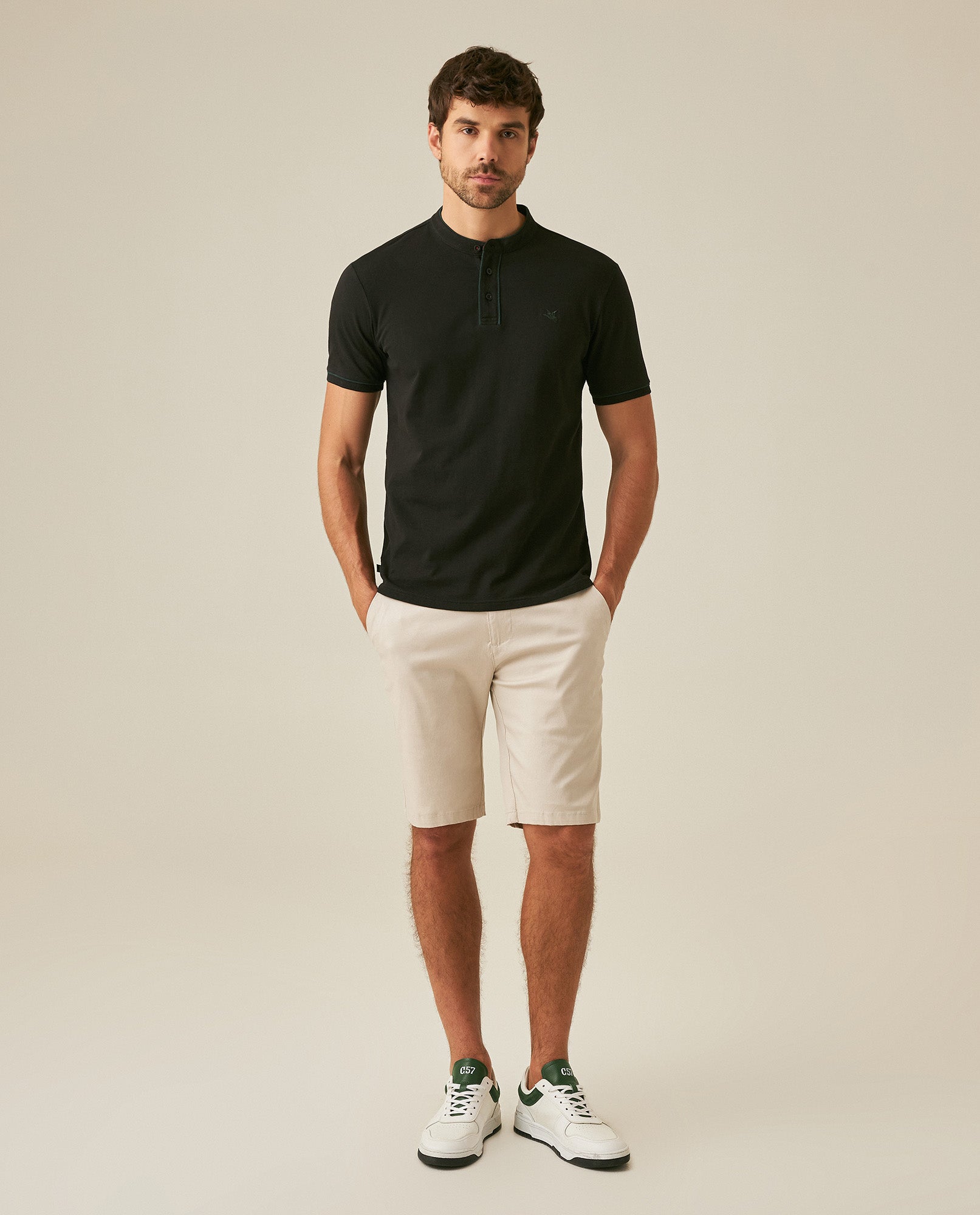 Mens Bermuda Shorts Chino Cotton Elastane Rear Piping Label Diagonal Pockets Casual-Smart - Beige 63_651H000_BEI140002_4
