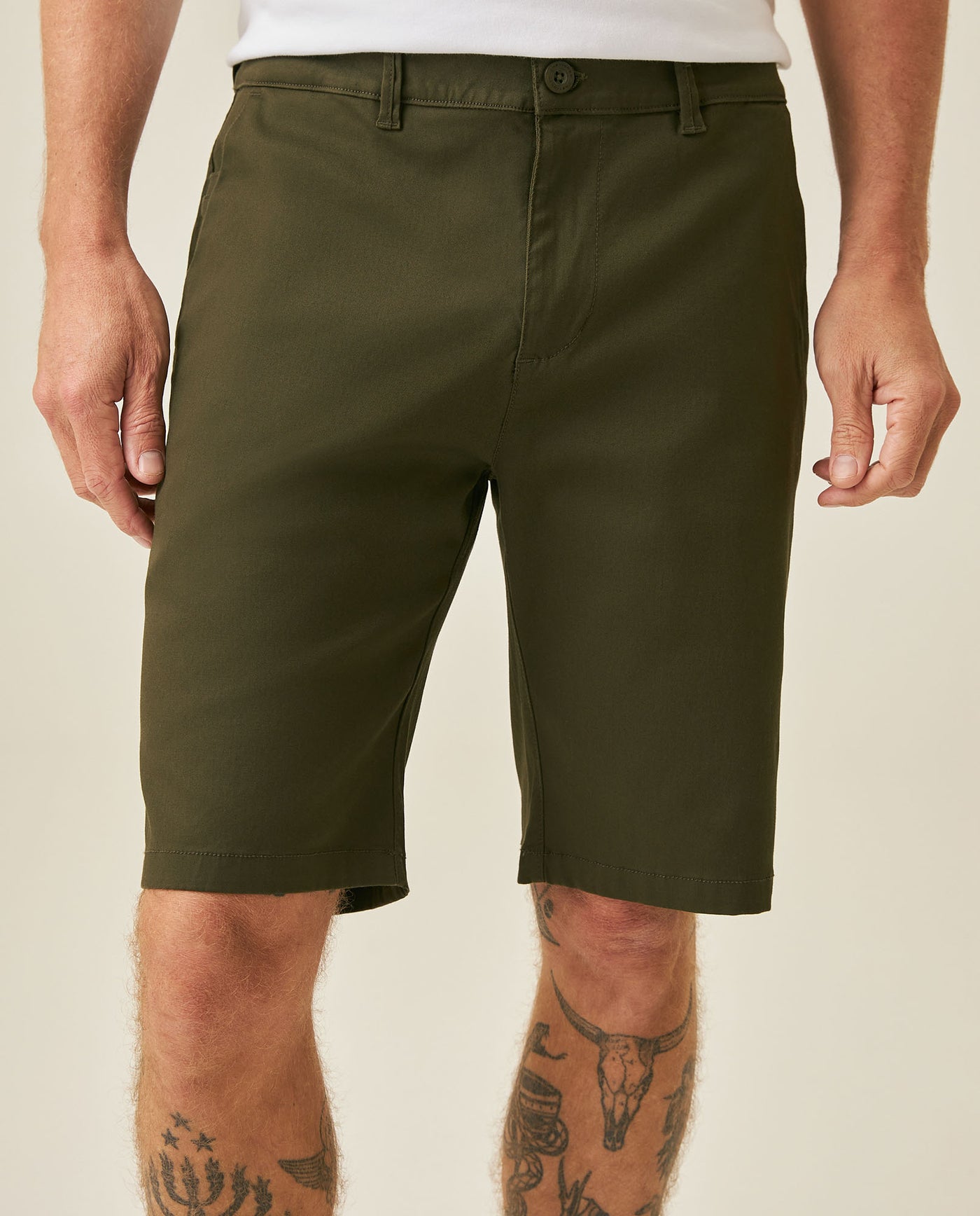 Mens Bermuda Shorts Chino Cotton Elastane Rear Piping Label Diagonal Pockets Casual-Smart - Green 63_651H000_VER190414_0