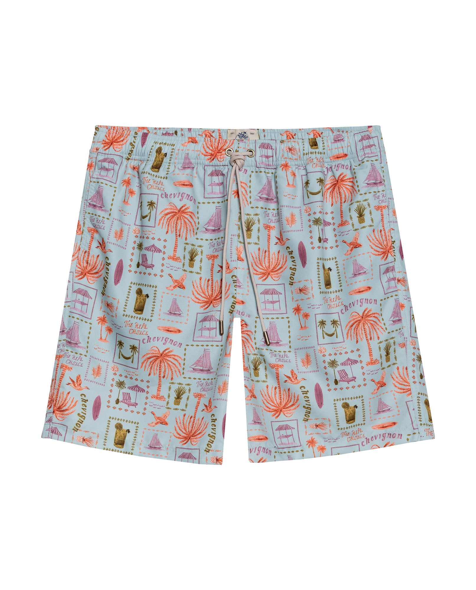 Mens Swim Trunks Printed Recycled Polyester Mini Tropical Print Adjustable Waist - Blue 63_651H002_AZU144807_3