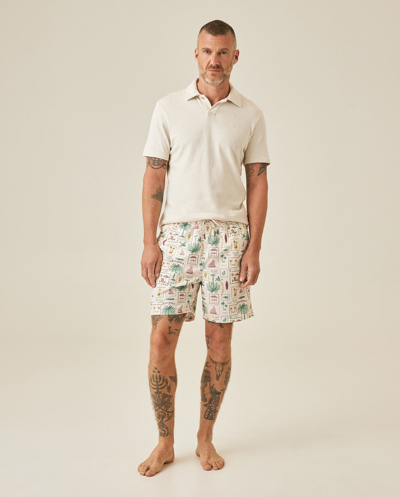 Mens Swim Trunks Printed Recycled Polyester Mini Tropical Print Adjustable Waist - Raw 63_651H002_CRU110606_4
