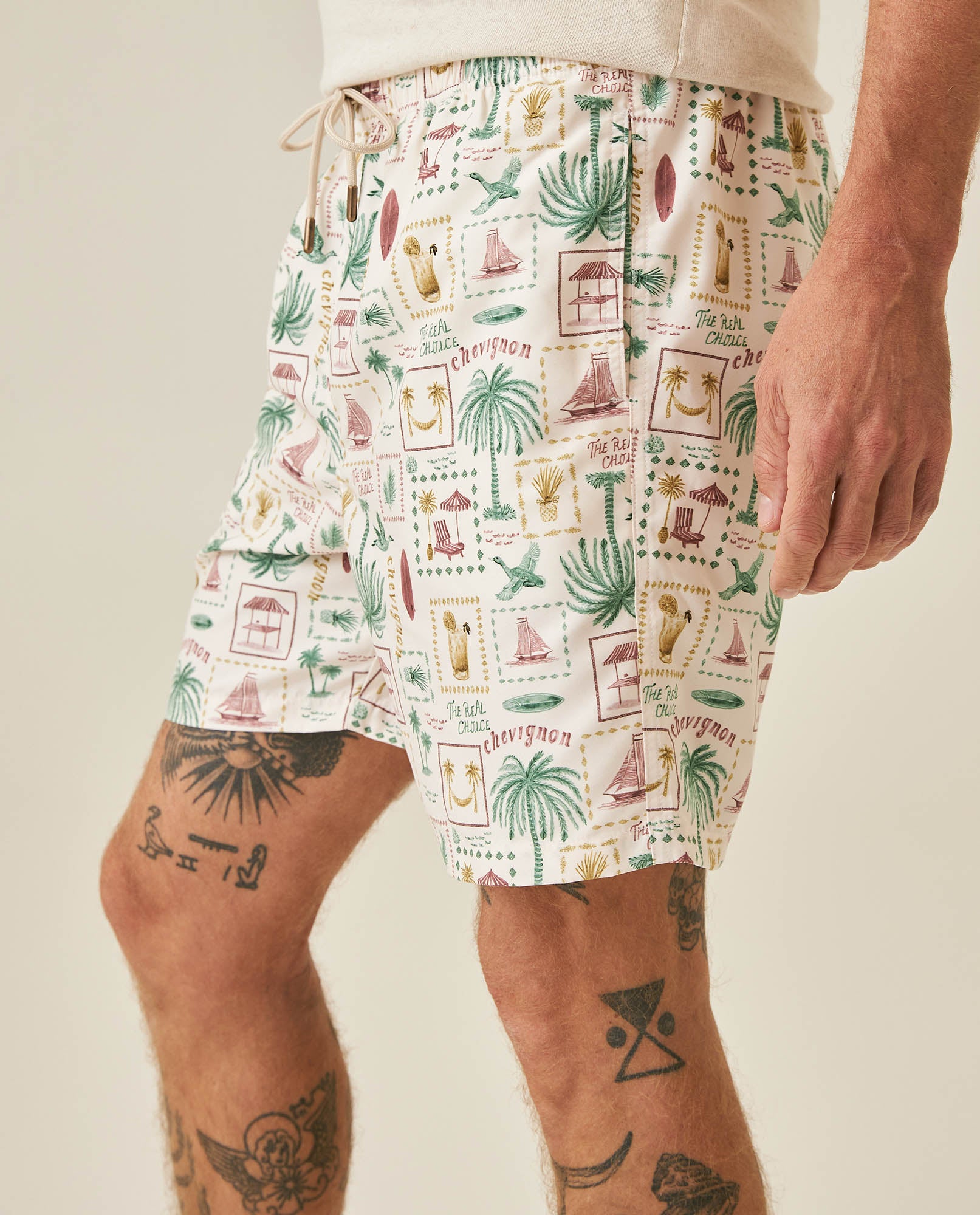 Mens Swim Trunks Printed Recycled Polyester Mini Tropical Print Adjustable Waist - Raw 63_651H002_CRU110606_5