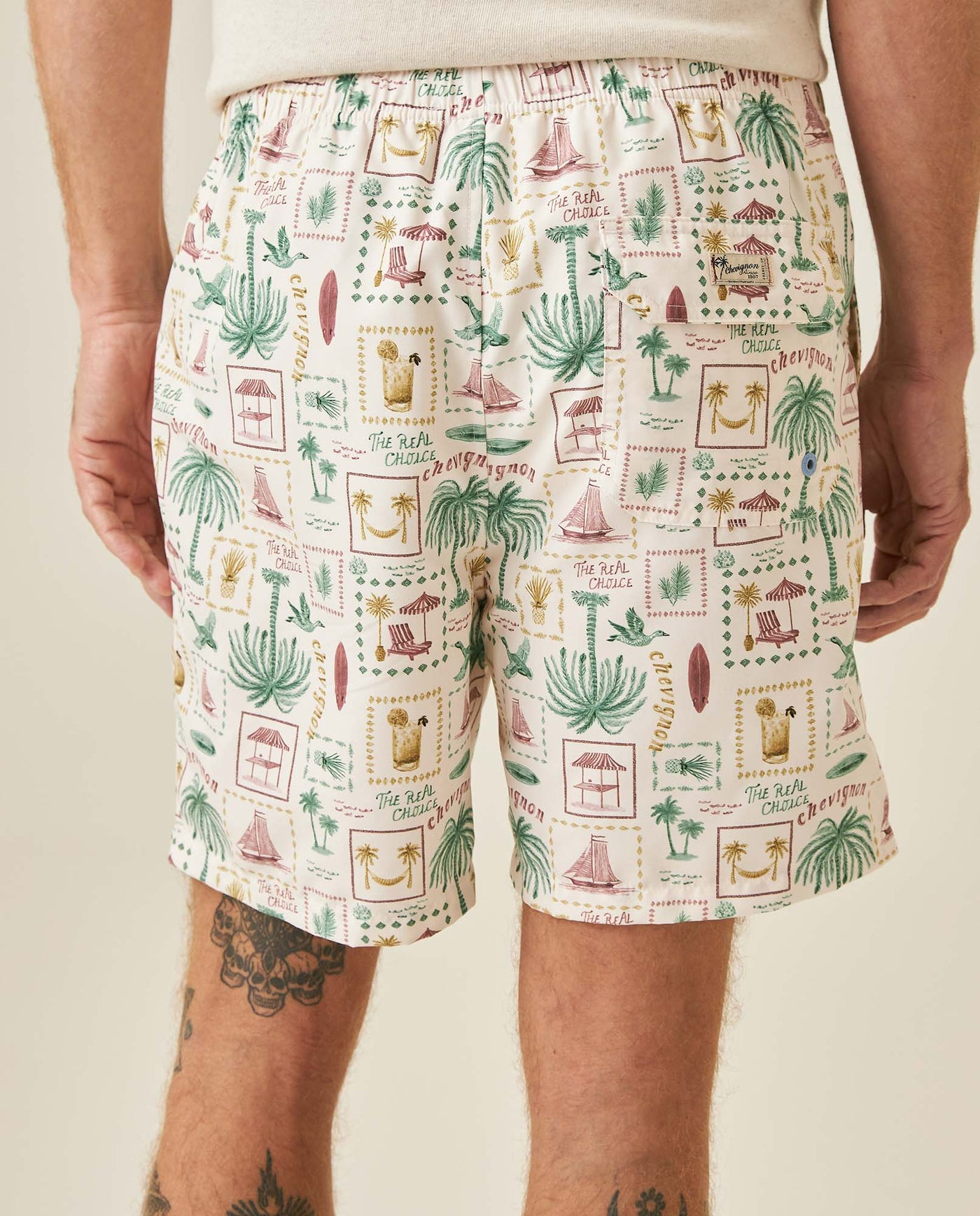 Mens Swim Trunks Printed Recycled Polyester Mini Tropical Print Adjustable Waist - Raw 63_651H002_CRU110606_6