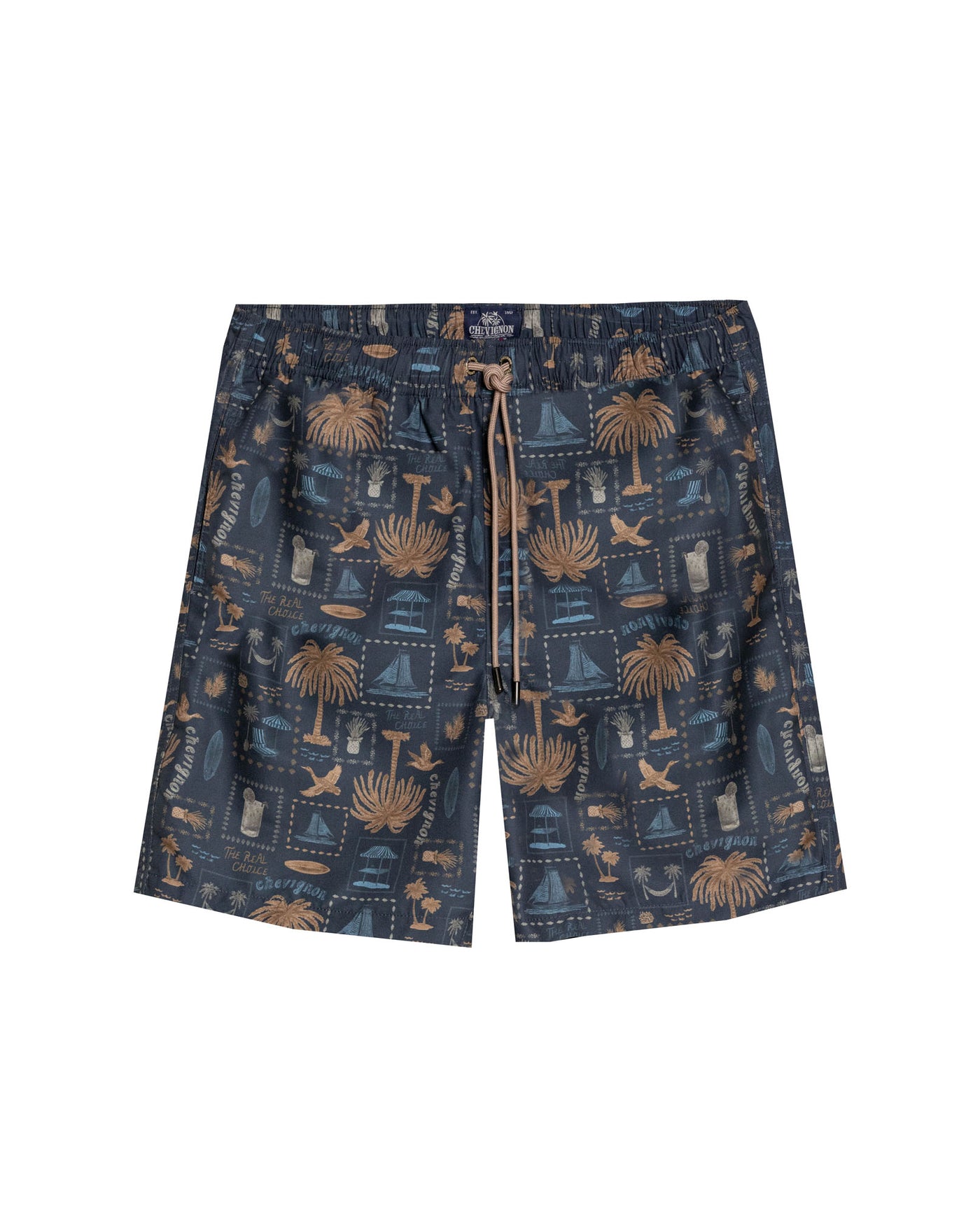 Mens Swim Trunks Printed Recycled Polyester Mini Tropical Print Adjustable Waist - Black 63_651H002_NEG194218_0