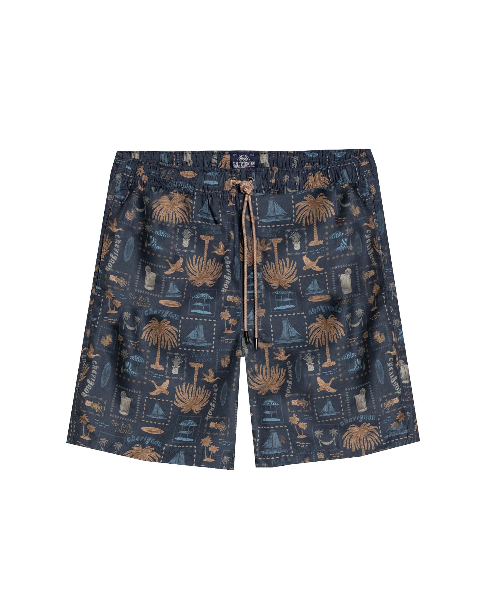 Mens Swim Trunks Printed Recycled Polyester Mini Tropical Print Adjustable Waist - Black 63_651H002_NEG194218_0