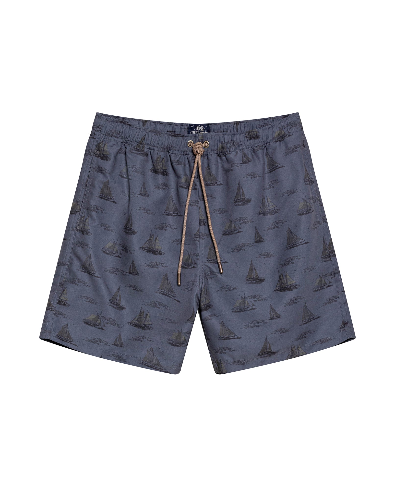 Mens Swim Trunks Recycled Polyester Elastic Lining Mini Nautical Boat Print - Gray 63_651H003_GRI190000_3