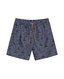Mens Swim Trunks Recycled Polyester Elastic Lining Mini Nautical Boat Print - Gray 63_651H003_GRI190000_3