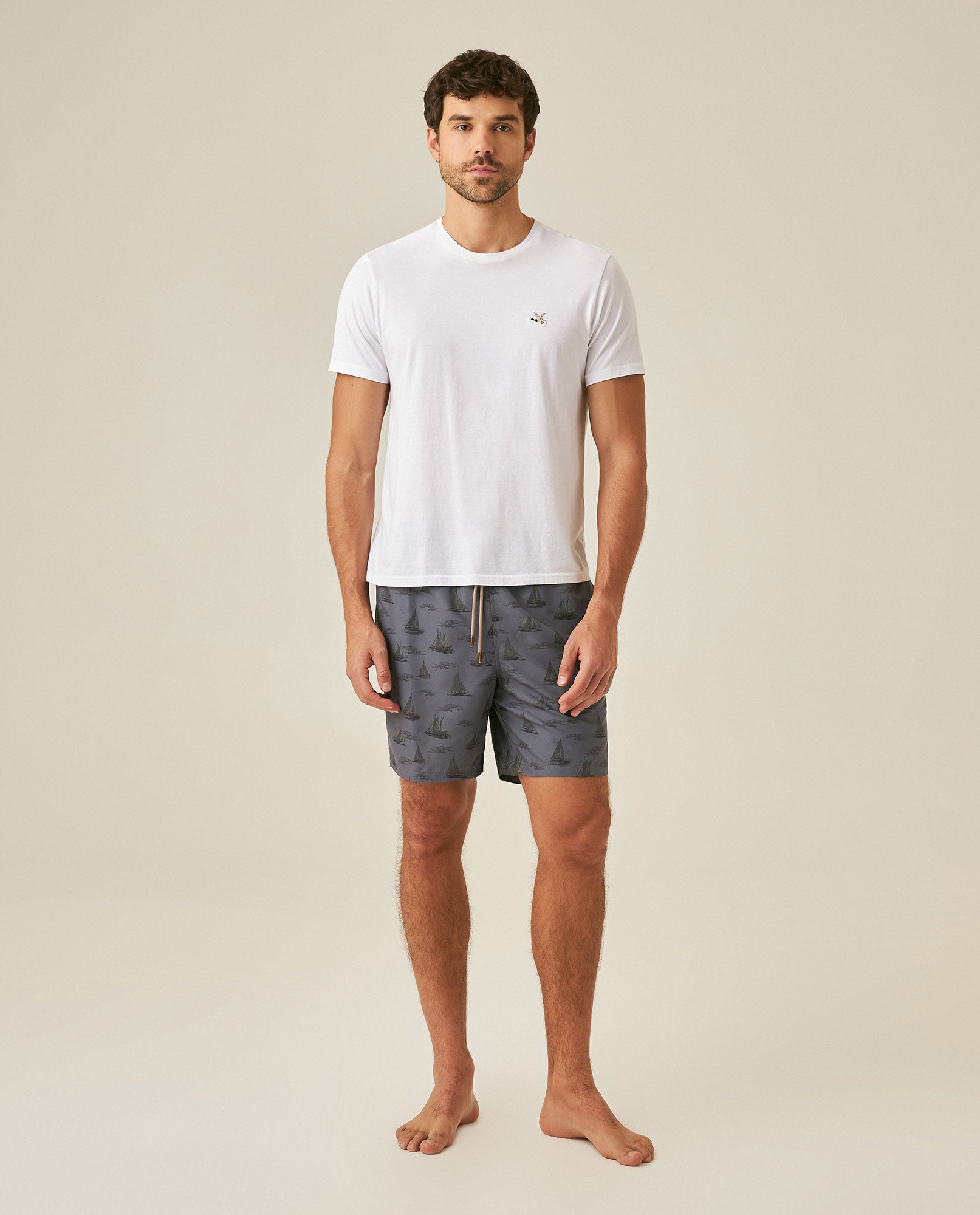 Mens Swim Trunks Recycled Polyester Elastic Lining Mini Nautical Boat Print - Gray 63_651H003_GRI190000_4