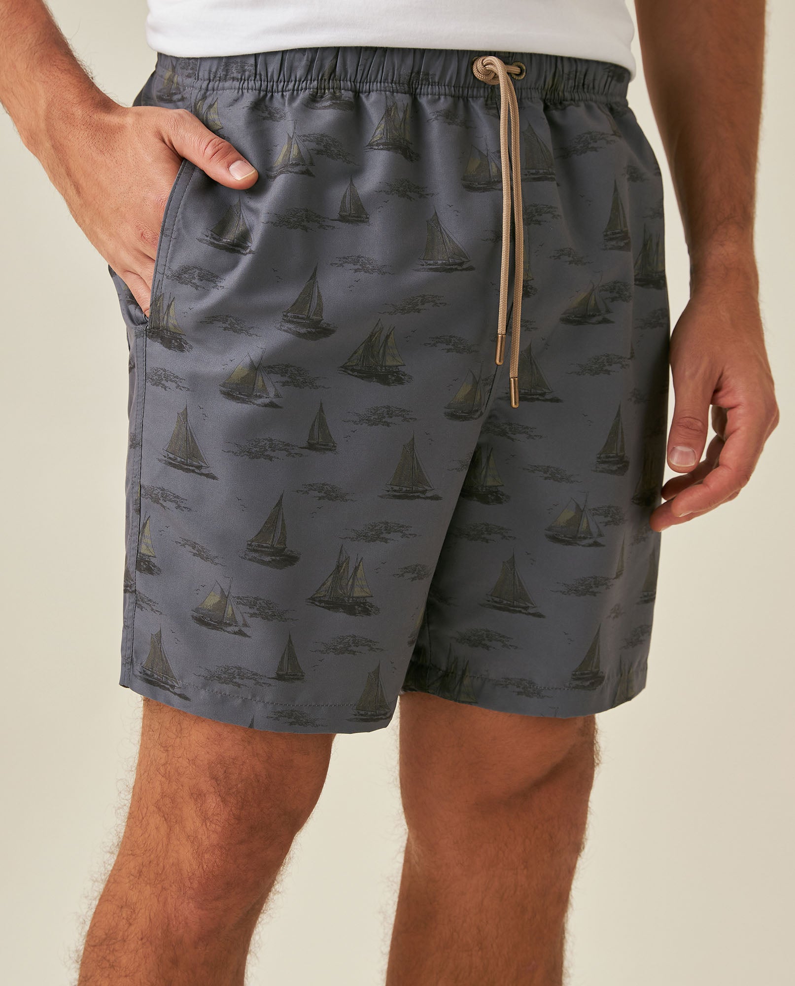 Mens Swim Trunks Recycled Polyester Elastic Lining Mini Nautical Boat Print - Gray 63_651H003_GRI190000_5