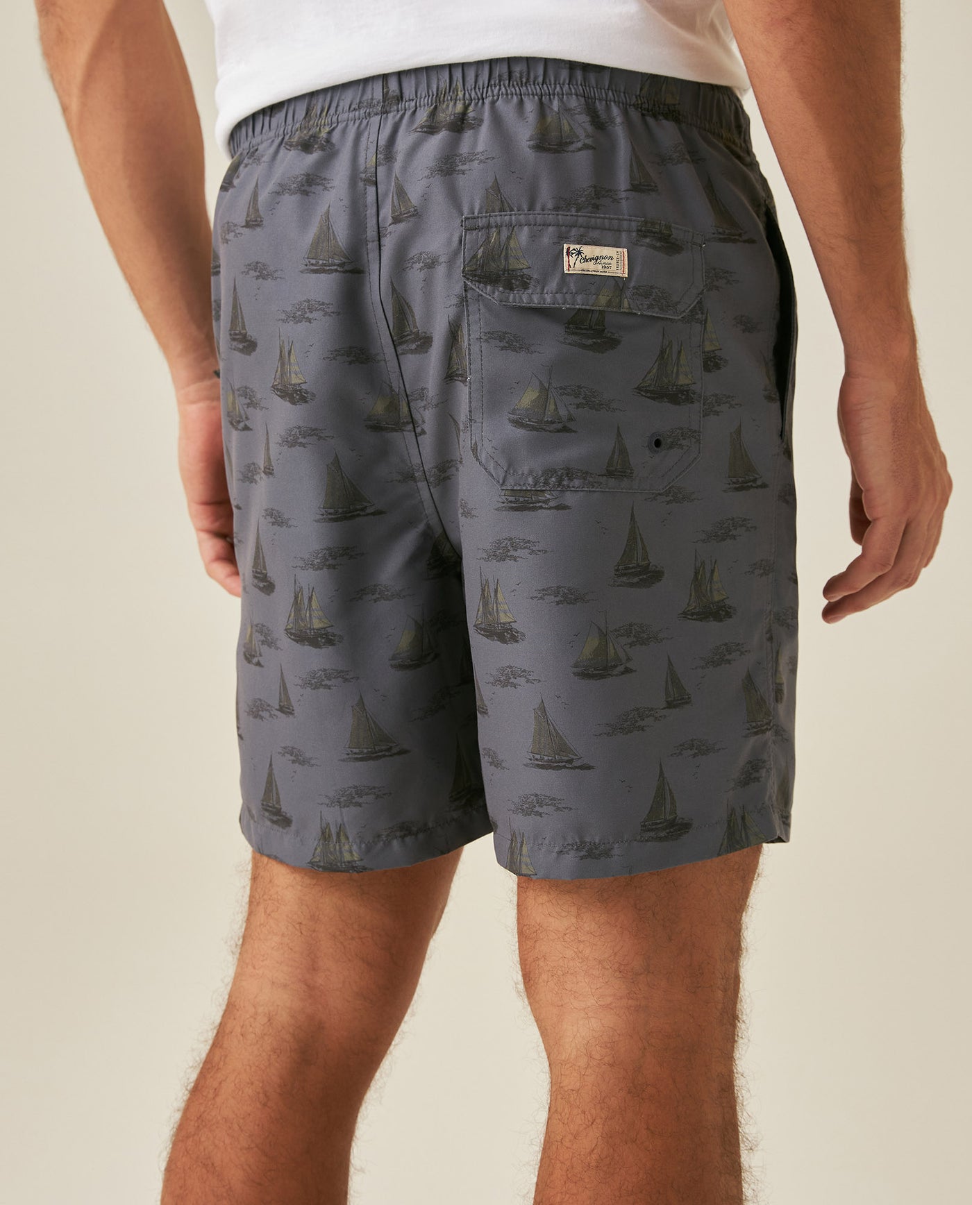 Mens Swim Trunks Recycled Polyester Elastic Lining Mini Nautical Boat Print - Gray 63_651H003_GRI190000_6