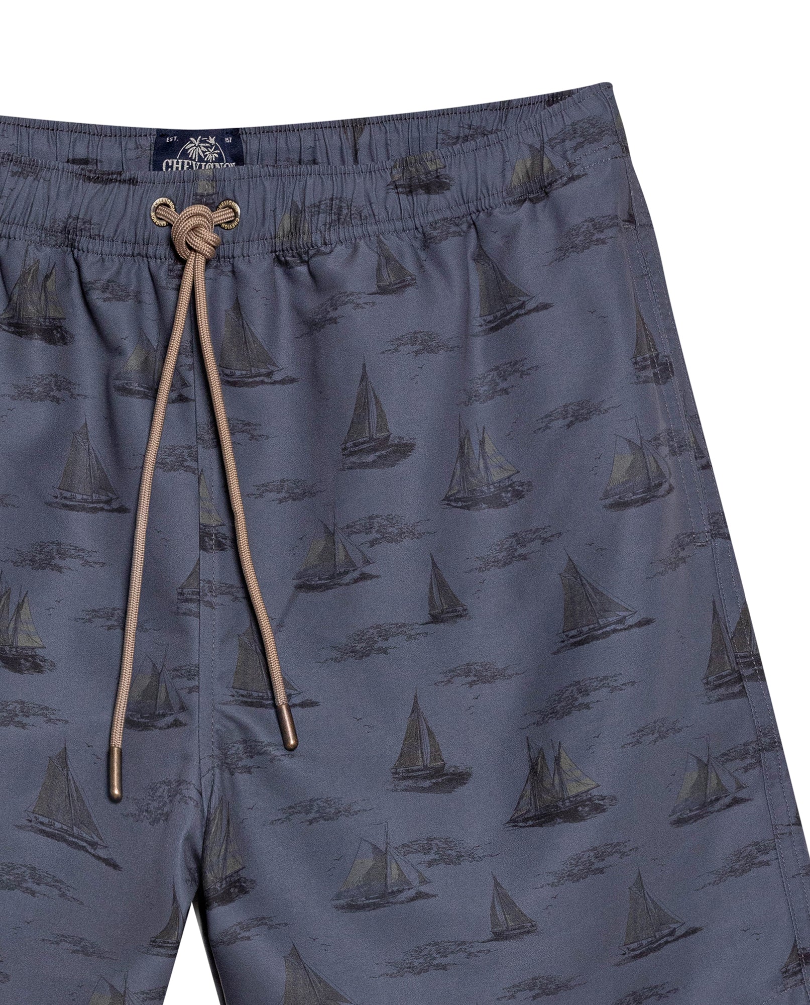 Mens Swim Trunks Recycled Polyester Elastic Lining Mini Nautical Boat Print - Gray 63_651H003_GRI190000_8