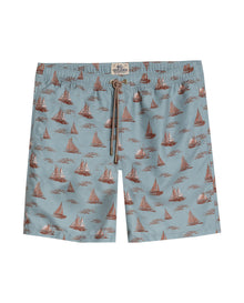 Mens Swim Trunks Recycled Polyester Elastic Lining Mini Nautical Boat Print - Green 63_651H003_VER165804_0