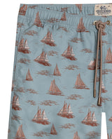 Mens Swim Trunks Recycled Polyester Elastic Lining Mini Nautical Boat Print - Green 63_651H003_VER165804_3