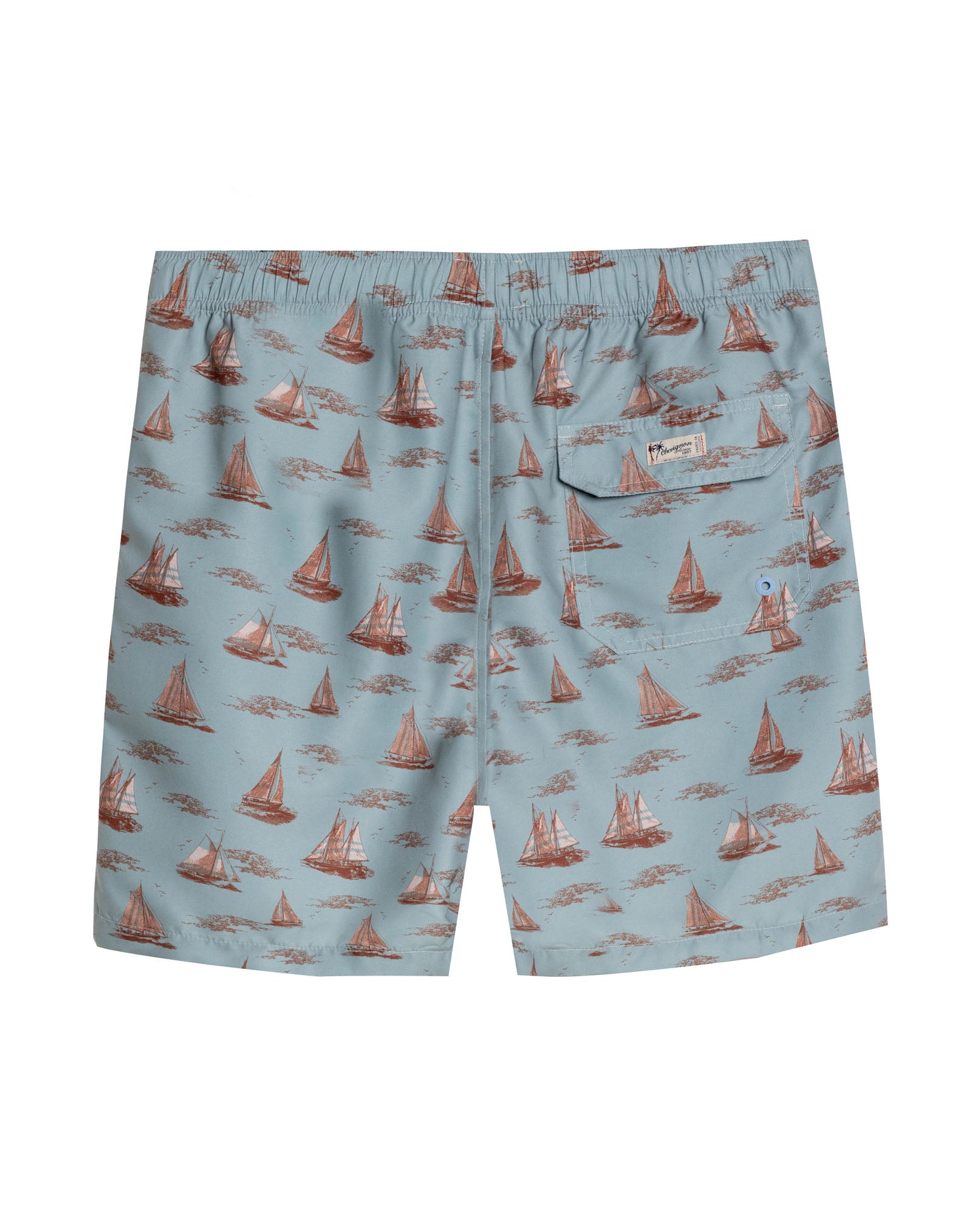 Mens Swim Trunks Recycled Polyester Elastic Lining Mini Nautical Boat Print - Green 63_651H003_VER165804_5
