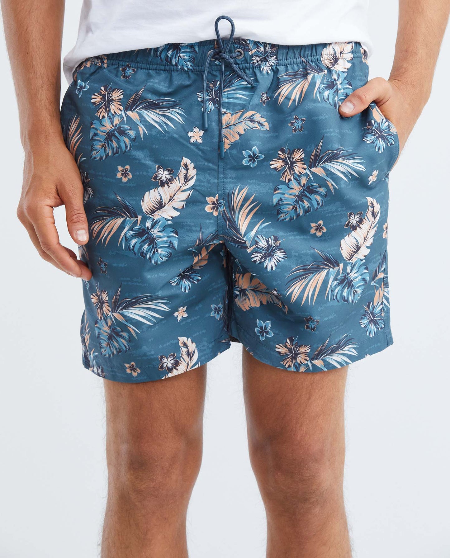 Men's Swim Shorts, Regular Fit - Tropical Flower and Leaf Print - Green - 1