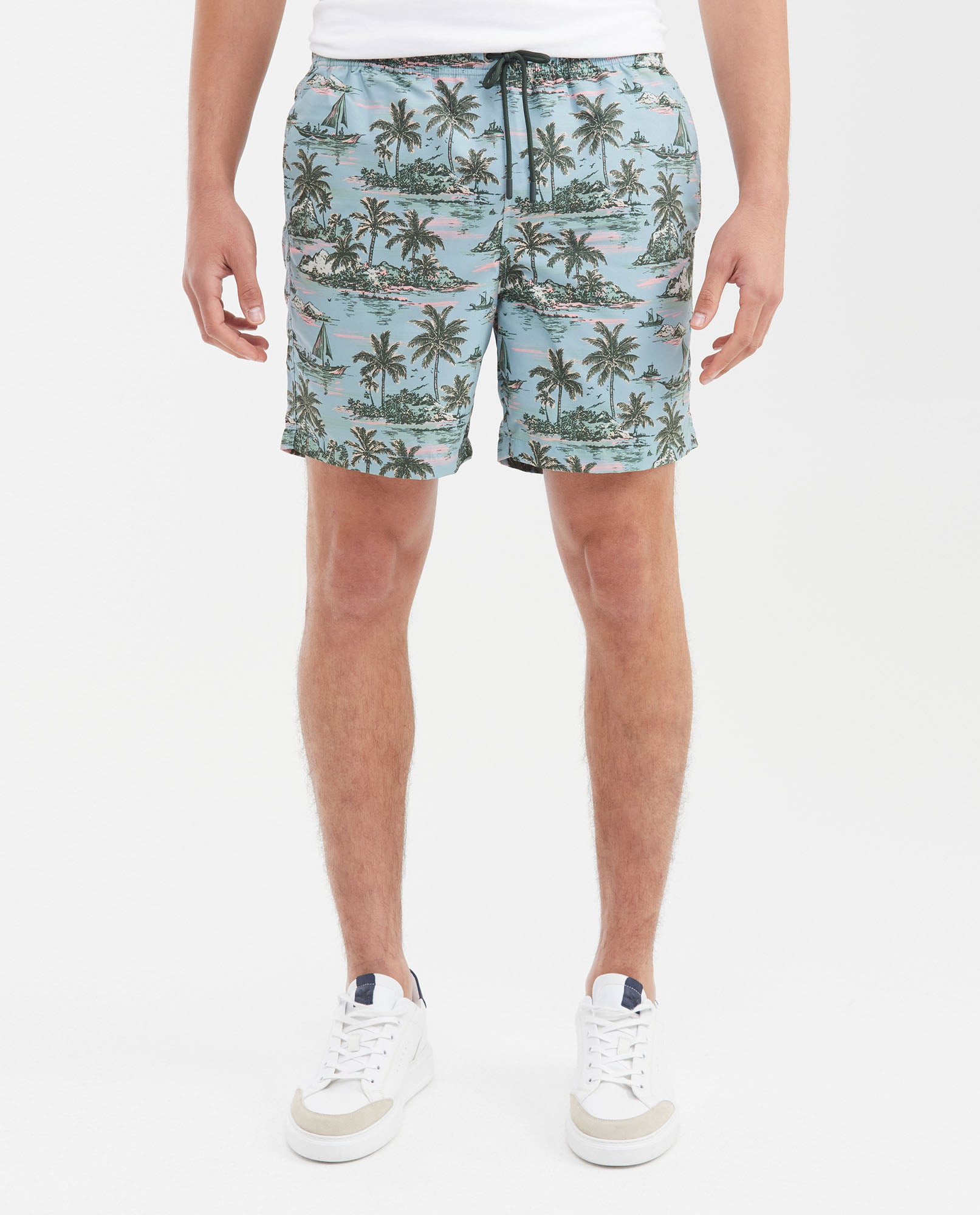 Men's Regular Fit Recycled Polyester Palm Tree Print Swim Bermuda - 1