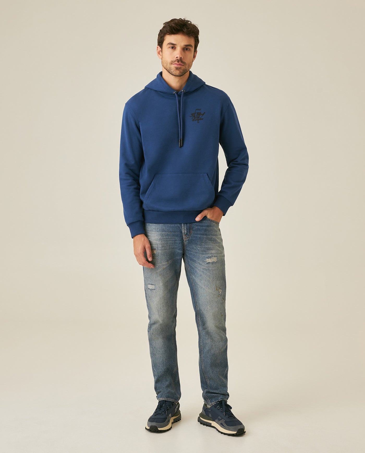 Mens Hoodie Closed Front Cotton Elastane Fleece-Backed Statement Graphics Thick Drawstring Marked Tips - Blue 63_681H000_AZU194029_4