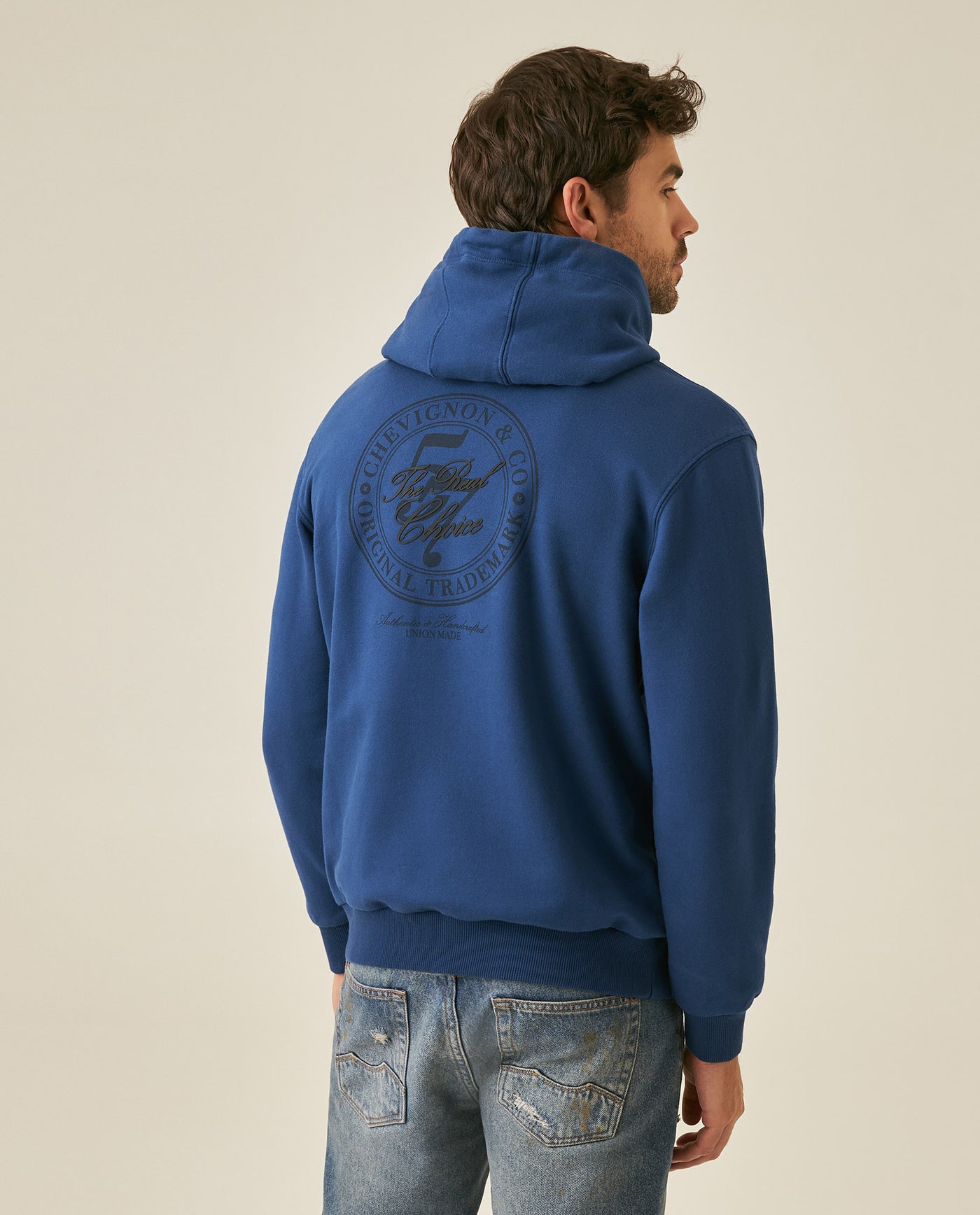 Mens Hoodie Closed Front Cotton Elastane Fleece-Backed Statement Graphics Thick Drawstring Marked Tips - Blue 63_681H000_AZU194029_6