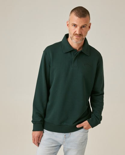 Mens Sweatshirt Polo Style Cotton Elastane Terry Non-Brushed Double Placket Hidden Closure Embroidered Logo - Green 63_681H001_VER195350_0