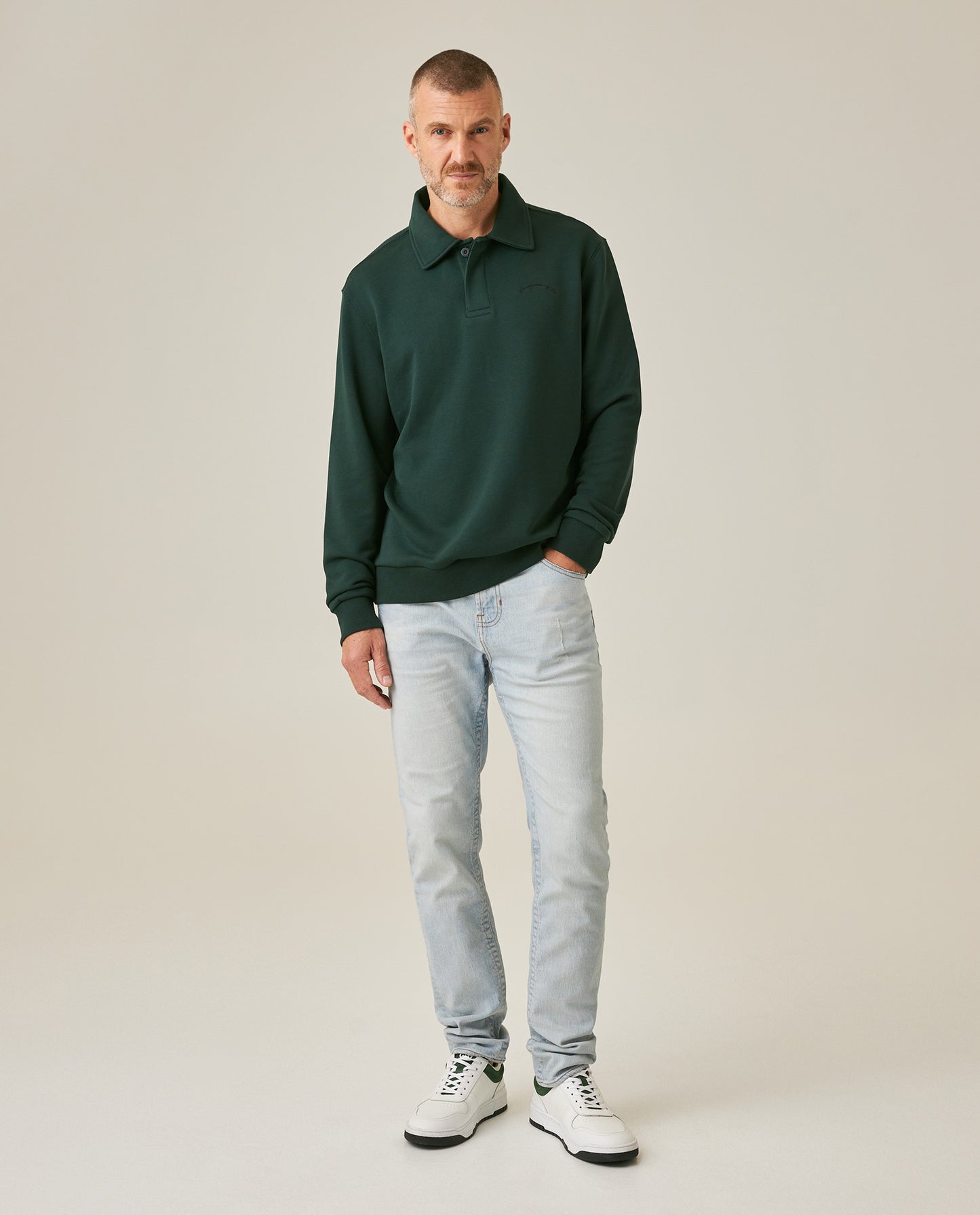 Mens Sweatshirt Polo Style Cotton Elastane Terry Non-Brushed Double Placket Hidden Closure Embroidered Logo - Green 63_681H001_VER195350_4