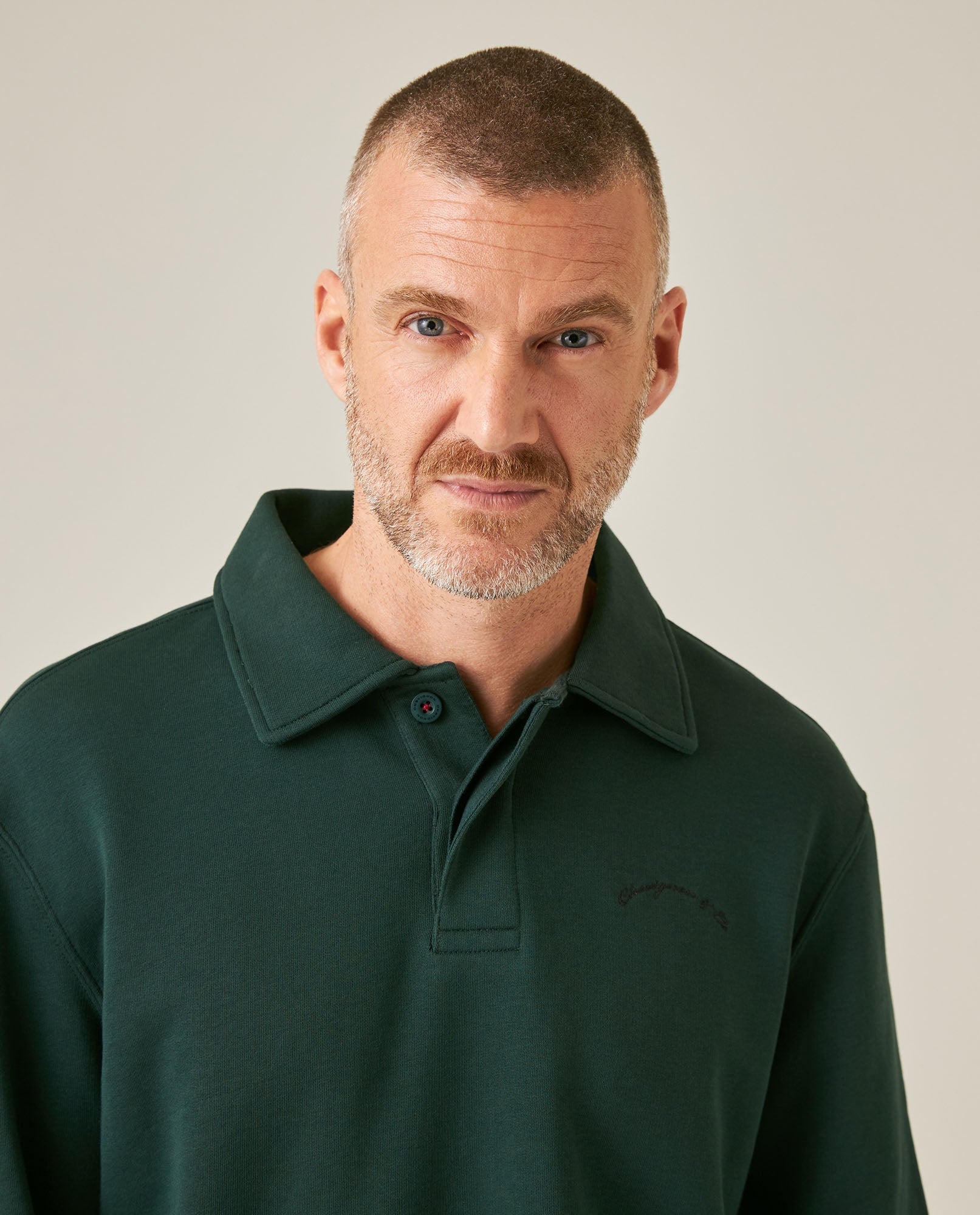 Mens Sweatshirt Polo Style Cotton Elastane Terry Non-Brushed Double Placket Hidden Closure Embroidered Logo - Green 63_681H001_VER195350_5
