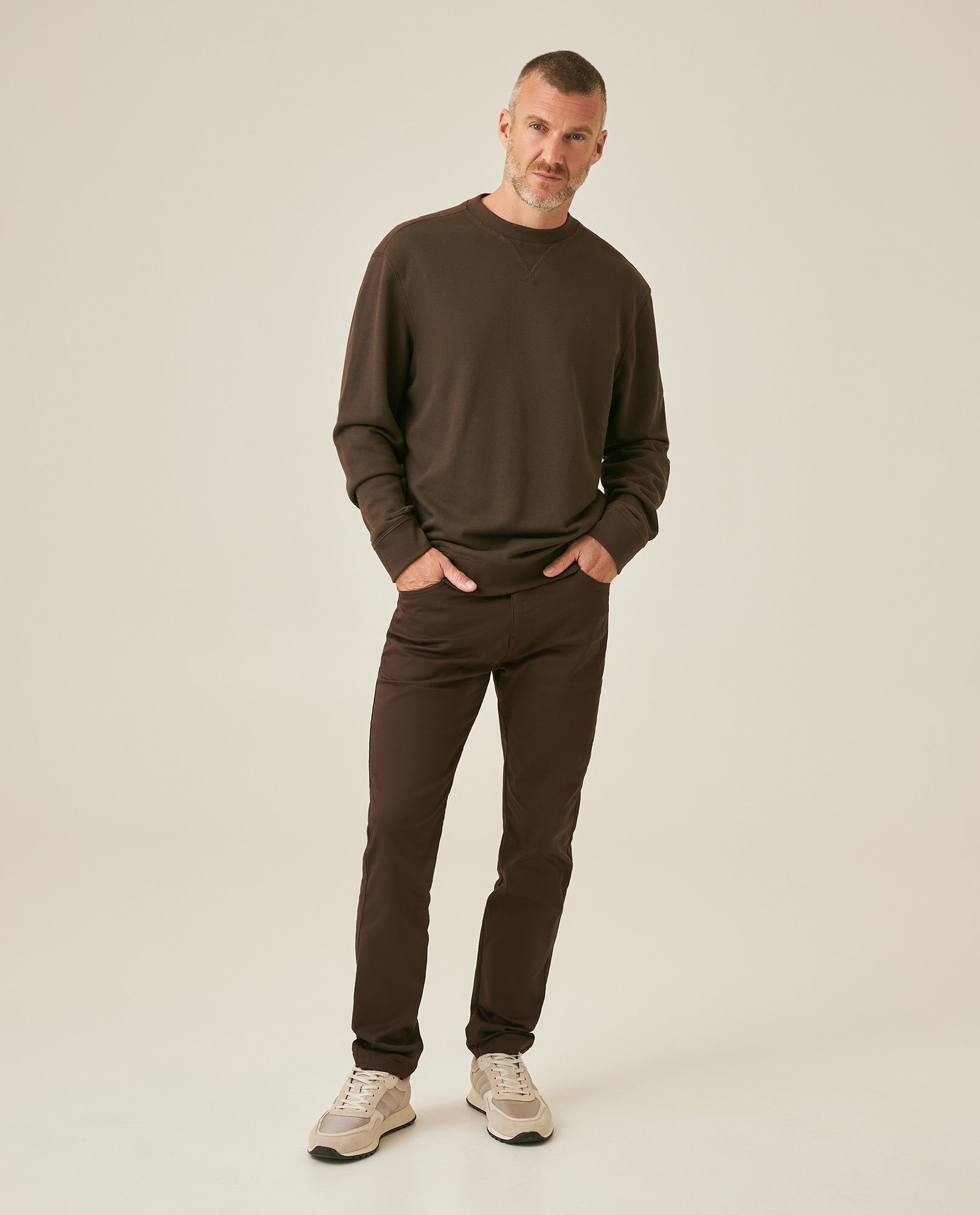Mens Sweatshirt Crewneck Cotton Elastane Herringbone Texture Complementary Collar Fabric Embroidered Duck - Brown 63_681H002_CAF191016_4