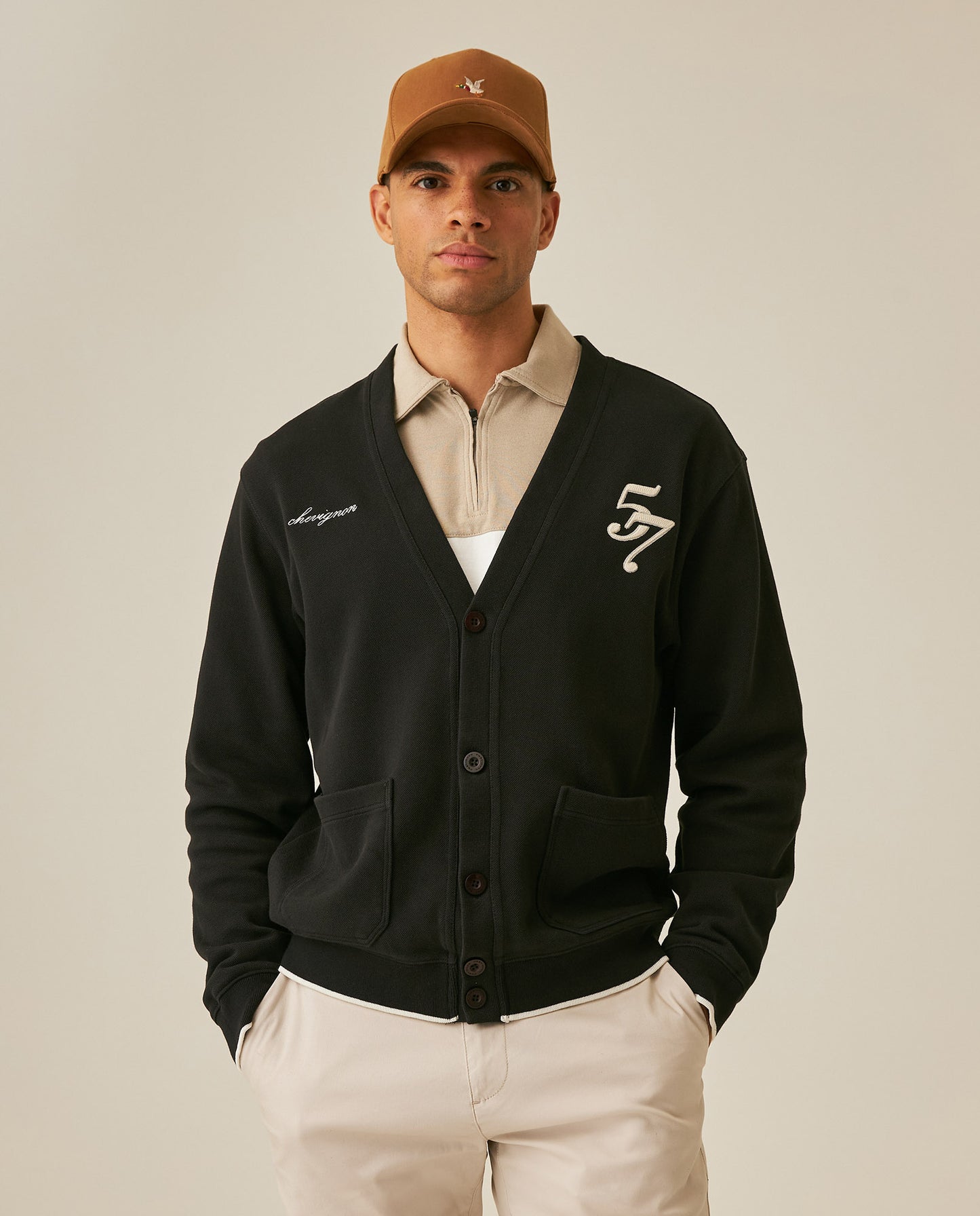 Mens Cardigan Sweatshirt Cotton Polyester Heavy Piqué Embroidered Graphics Both Sides Button Closure Patch Pockets - Black 63_681H006_NEG194007_0