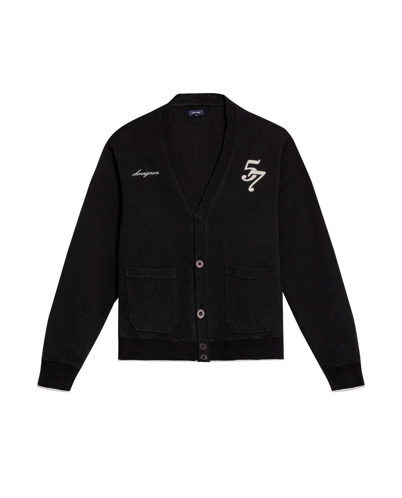 Mens Cardigan Sweatshirt Cotton Polyester Heavy Piqué Embroidered Graphics Both Sides Button Closure Patch Pockets - Black 63_681H006_NEG194007_3