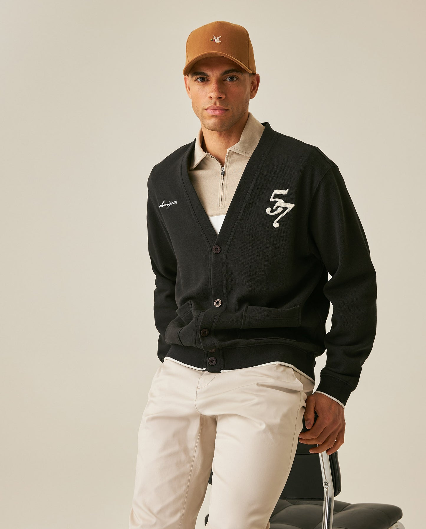 Mens Cardigan Sweatshirt Cotton Polyester Heavy Piqué Embroidered Graphics Both Sides Button Closure Patch Pockets - Black 63_681H006_NEG194007_4