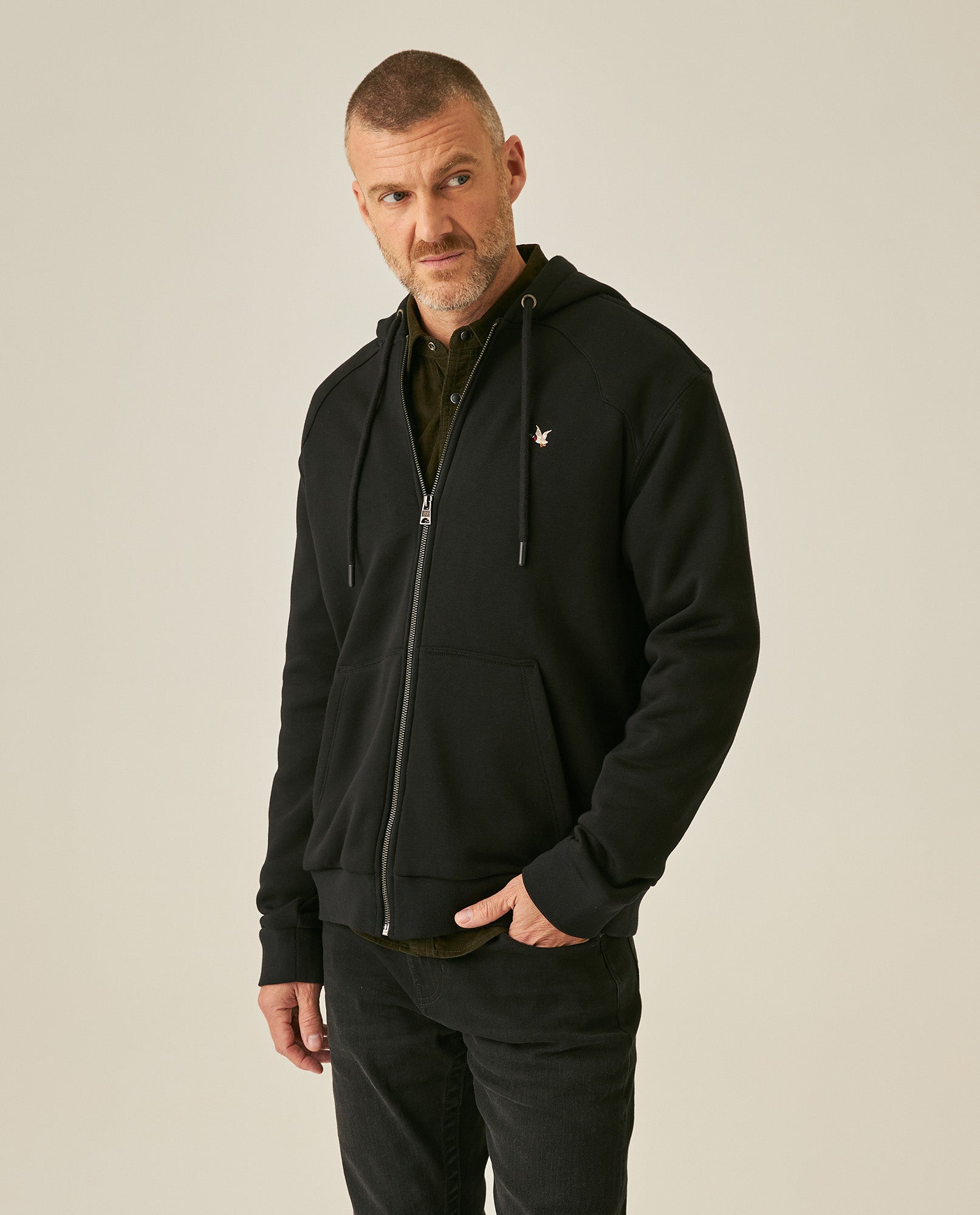 Mens Hoodie Open Front Cotton Polyester Terry Slight Sheen Urban Western Aesthetic Yoke Copper Zipper - Black 63_681H008_NEG194007_0