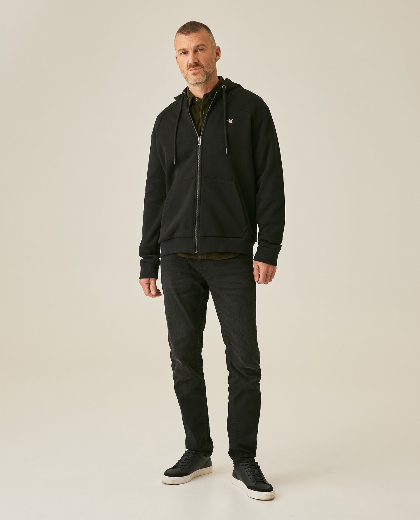 Mens Hoodie Open Front Cotton Polyester Terry Slight Sheen Urban Western Aesthetic Yoke Copper Zipper - Black 63_681H008_NEG194007_4