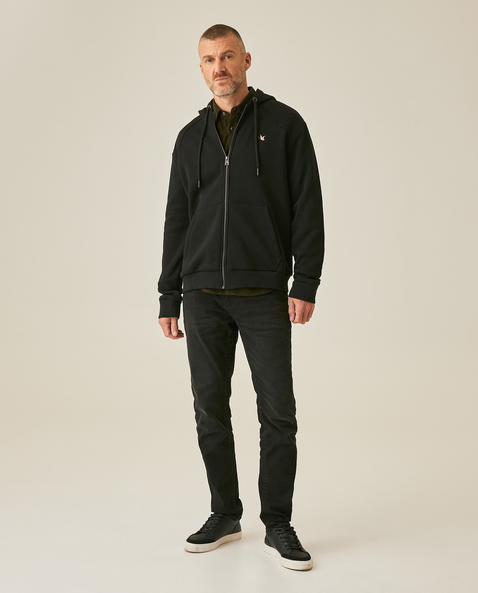 Mens Hoodie Open Front Cotton Polyester Terry Slight Sheen Urban Western Aesthetic Yoke Copper Zipper - Black 63_681H008_NEG194007_4