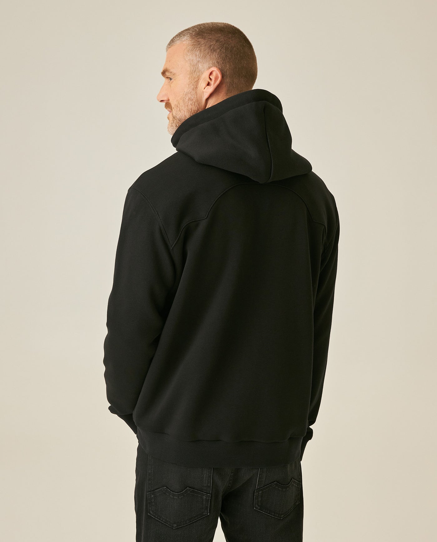 Mens Hoodie Open Front Cotton Polyester Terry Slight Sheen Urban Western Aesthetic Yoke Copper Zipper - Black 63_681H008_NEG194007_6